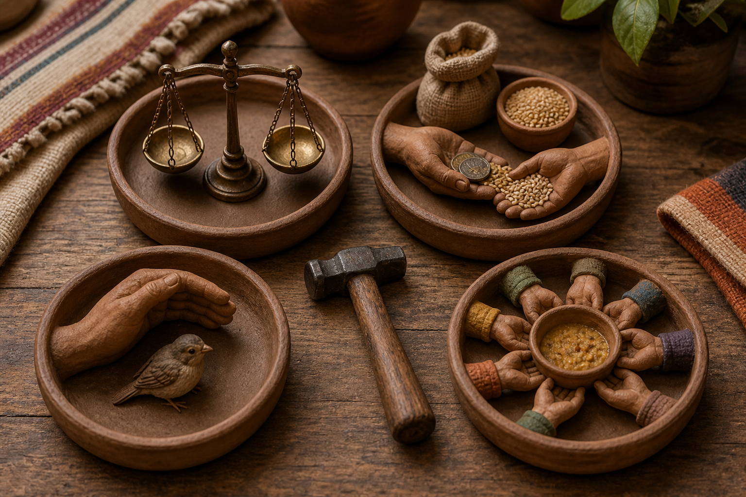 Four circular handcrafted scenes surround a work tool, showing balance, honest exchange, protection from harm, and shared service.