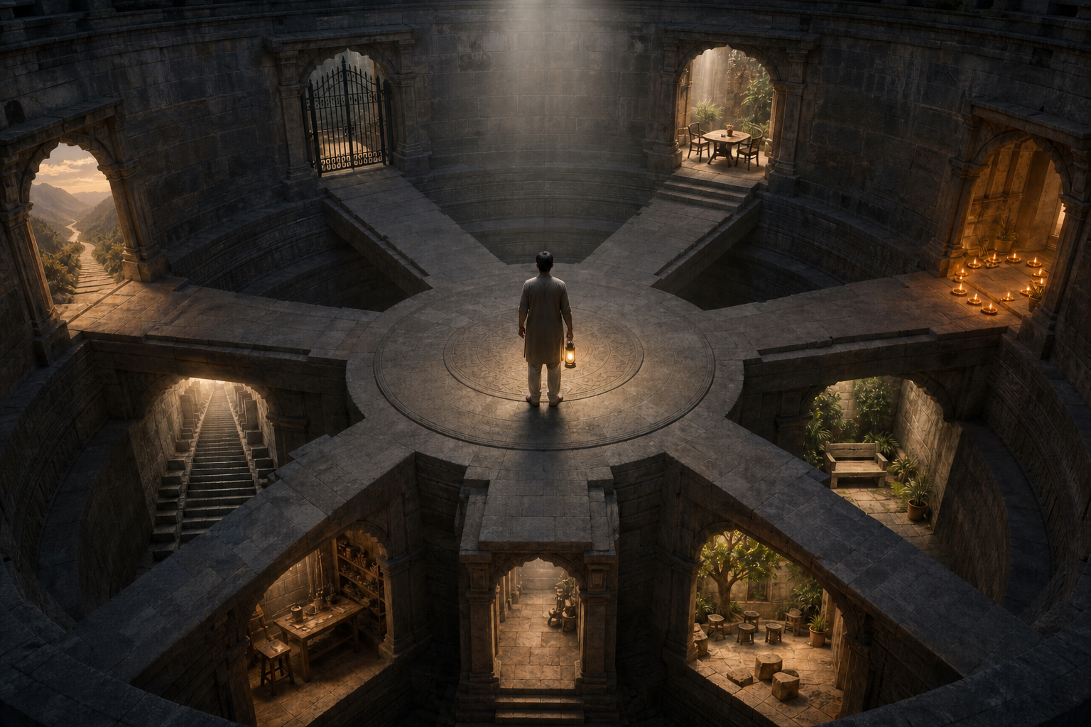 A person holding a lantern considers several opposing doorways inside a circular stone chamber, with paths suggesting partnership, travel, work, rest, solitude and community.