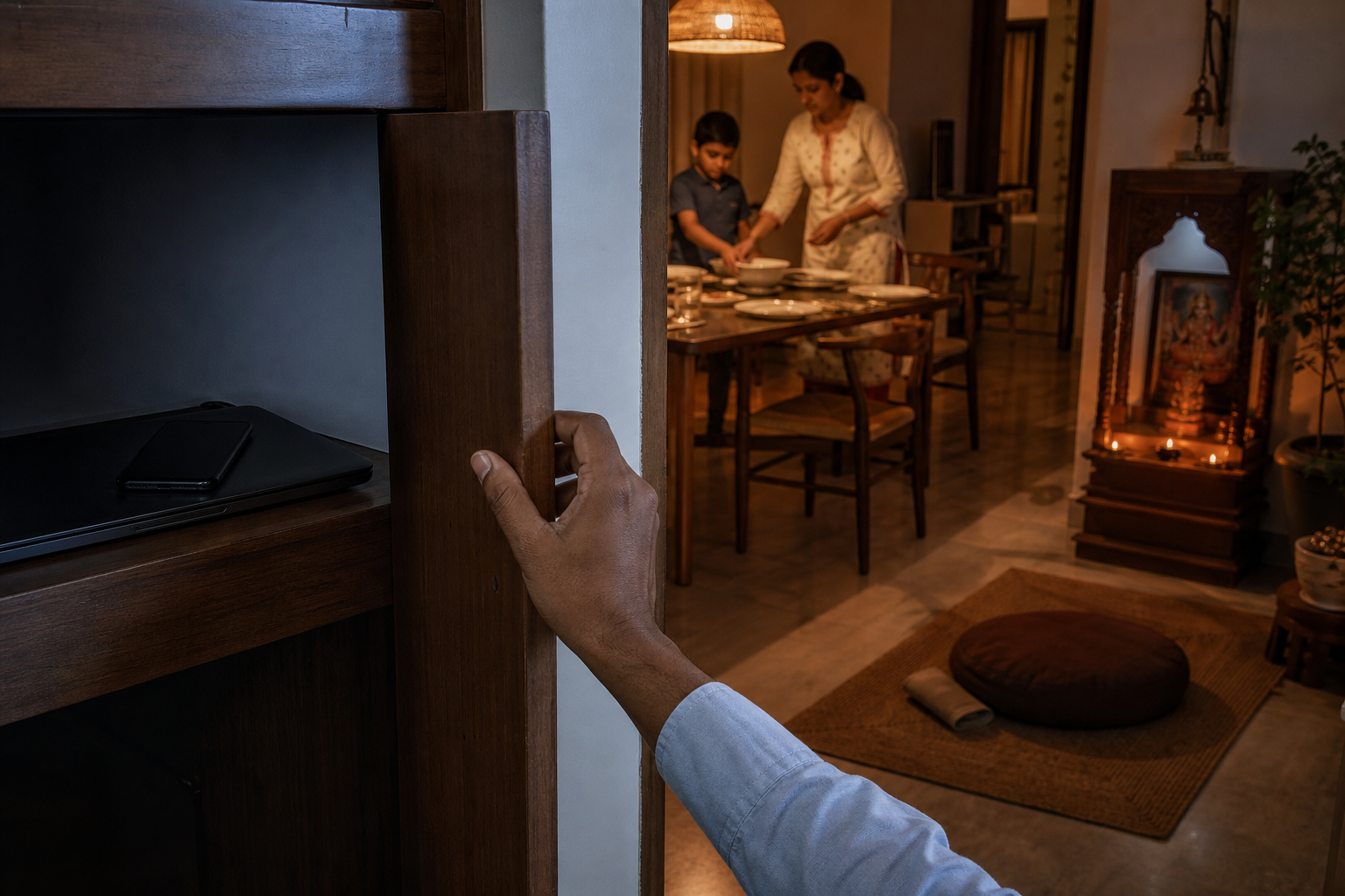A professional closes a laptop and phone inside a cabinet before joining family members at a dinner table.