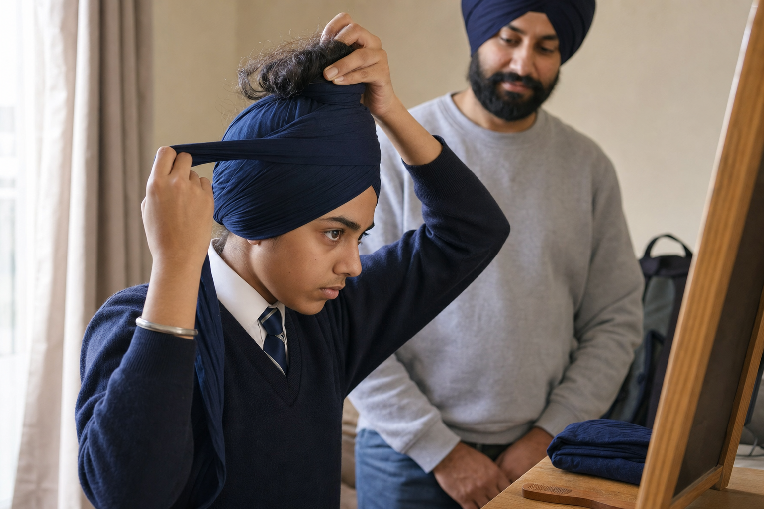 A Sikh teenager gathers his unshorn hair and ties a navy turban at home while a parent stands nearby.