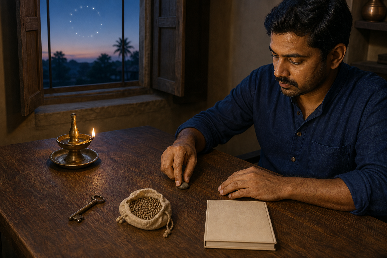 A person at a wooden desk considers a key, seeds, and a closed ledger beside an oil lamp before sunrise.