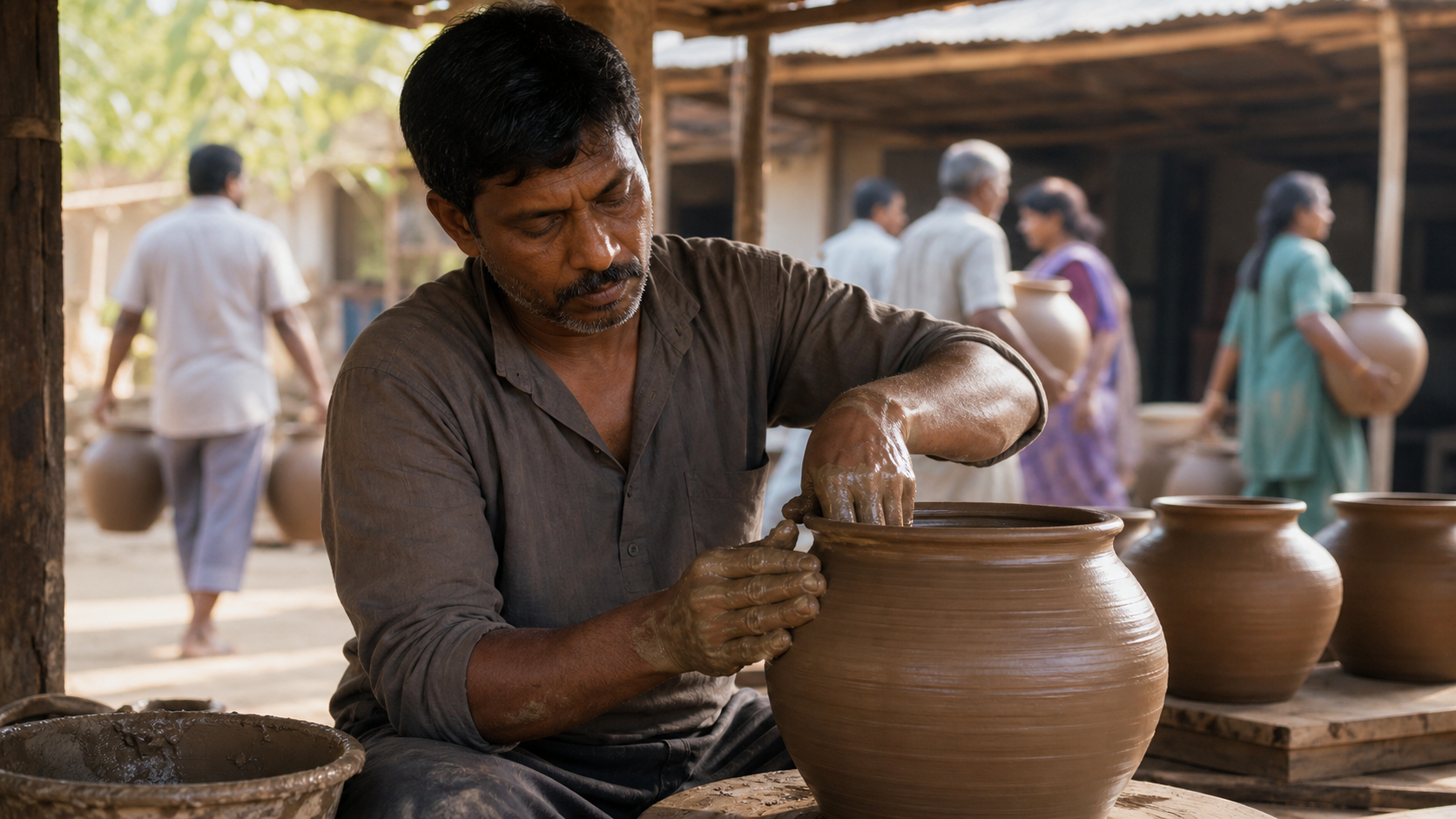 A focused craftsperson shapes a clay water vessel as other finished vessels are carried away for community use.