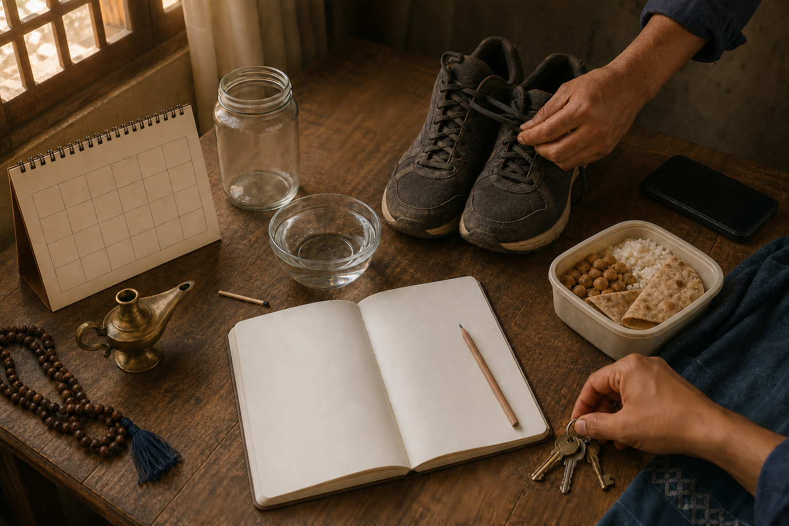 Hands organize keys and tie walking shoes beside a lamp, water bowl, prayer beads, blank notebook, savings jar and prepared food container on a wooden table.
