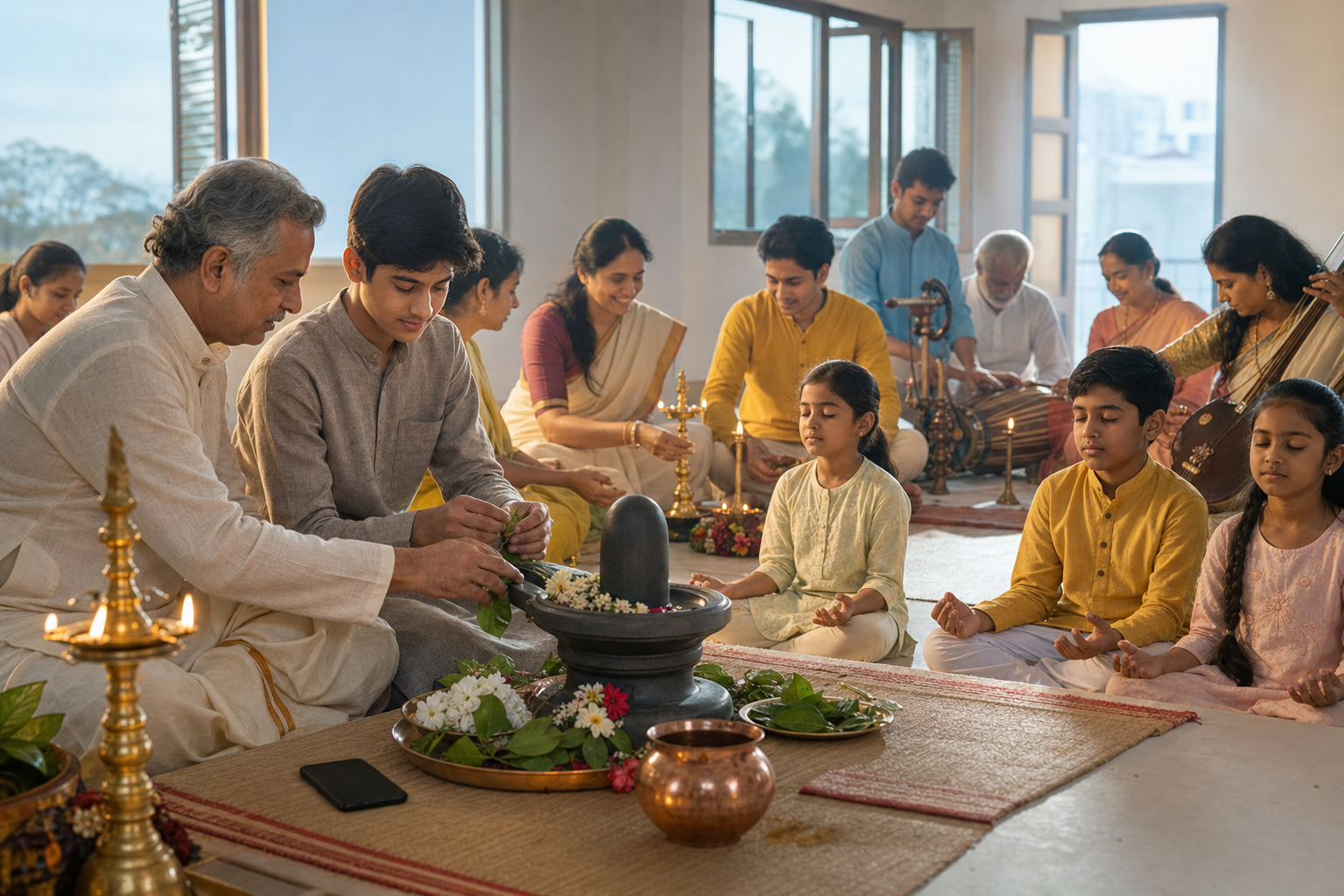 A multigenerational Hindu community prepares Shiva offerings and practices meditation at dawn while an unused smartphone lies face down beside the worship area.