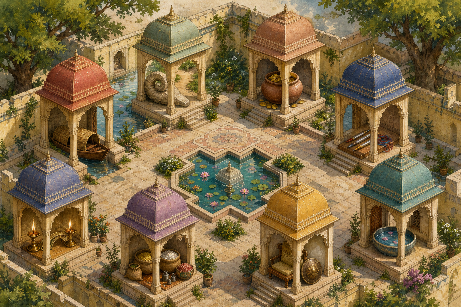 Eight small pavilions surround a courtyard, each containing different symbolic tools and objects for practical action.