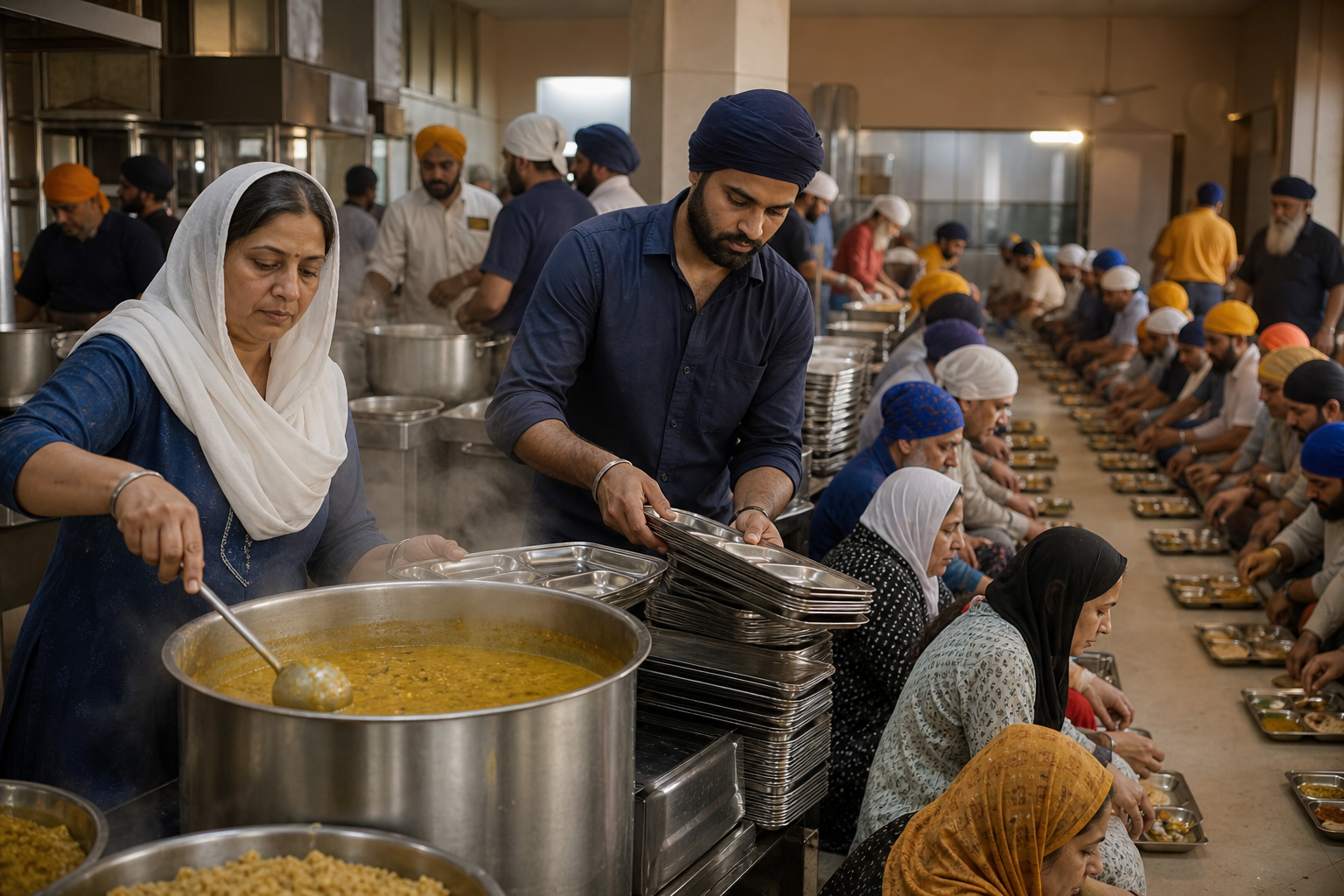 Sikh volunteers serve a communal meal to people from varied backgrounds in a gurdwara langar hall.