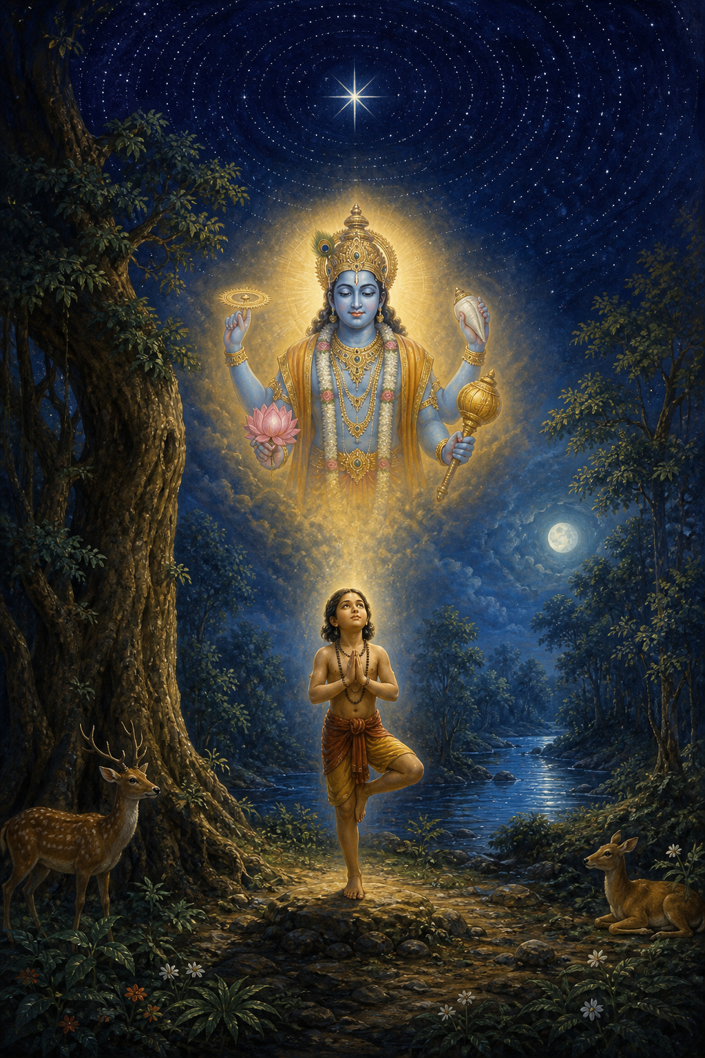 The child Dhruva stands on one foot in prayer in a moonlit forest as a four-armed Vishnu appears in golden light beneath a bright fixed star.