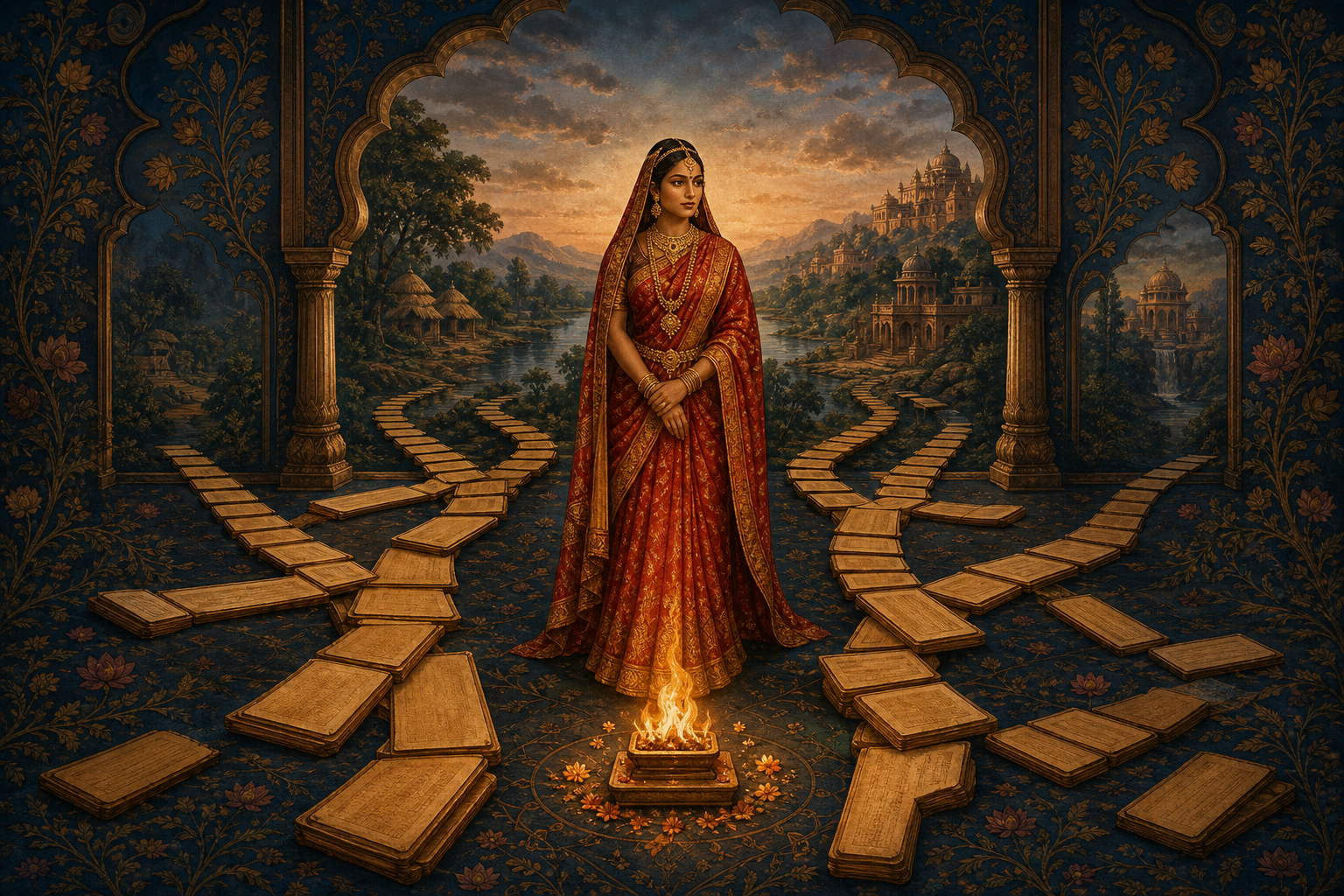 A dignified ancient Indian queen stands beside a ceremonial fire as branching groups of palm-leaf manuscripts spread behind her.