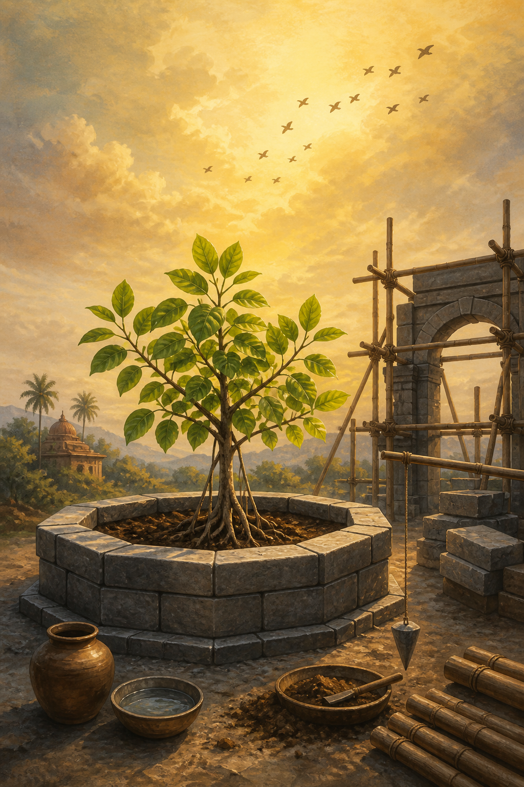 A banyan sapling grows from an octagonal stone foundation beside a carefully supported arch under a bright sky.