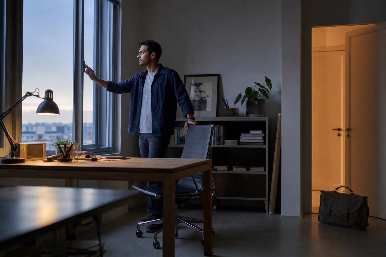 A professional considers an existing workstation while rearranging the office near an open window, with a packed satchel beside the doorway.