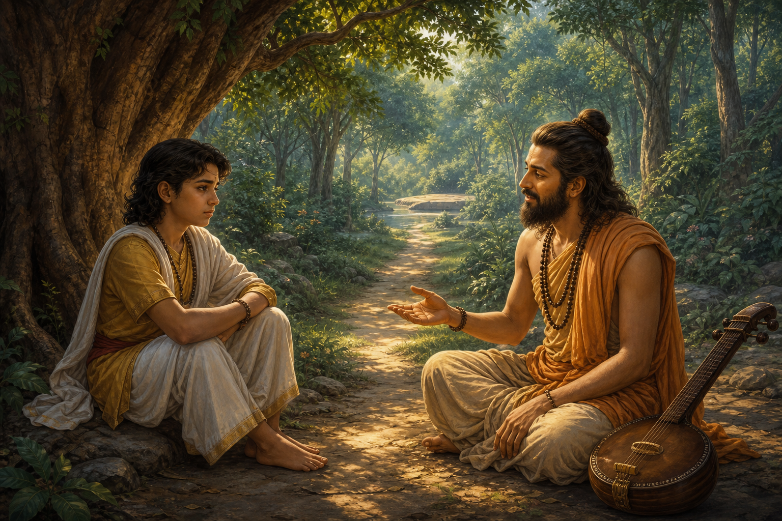 Narada counsels the young Dhruva beneath a forest tree, with a sunlit path leading toward a secluded place of meditation.