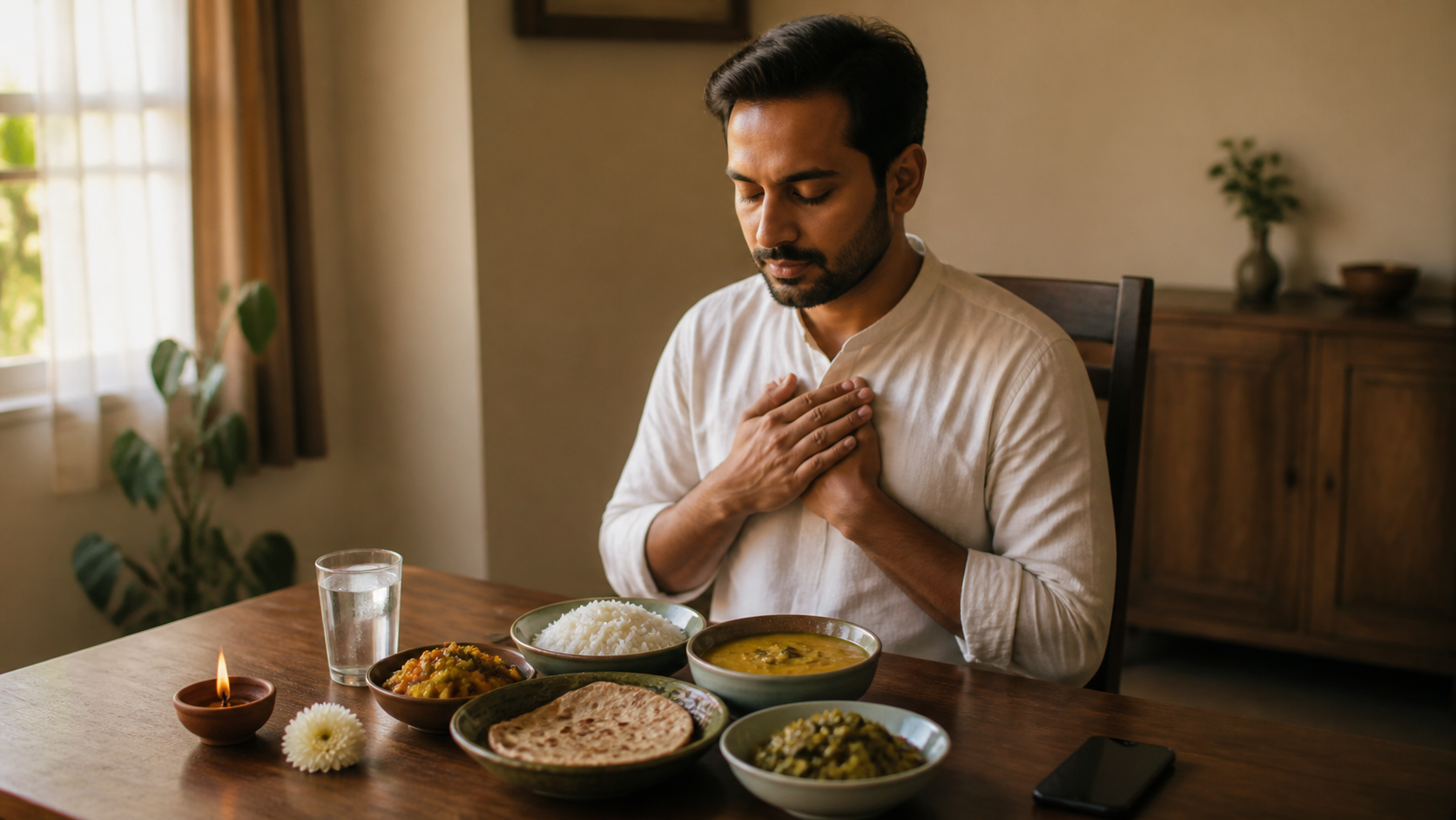 An adult pauses with hands together before a vegetarian meal beside a clay lamp and flower at a quiet wooden table.