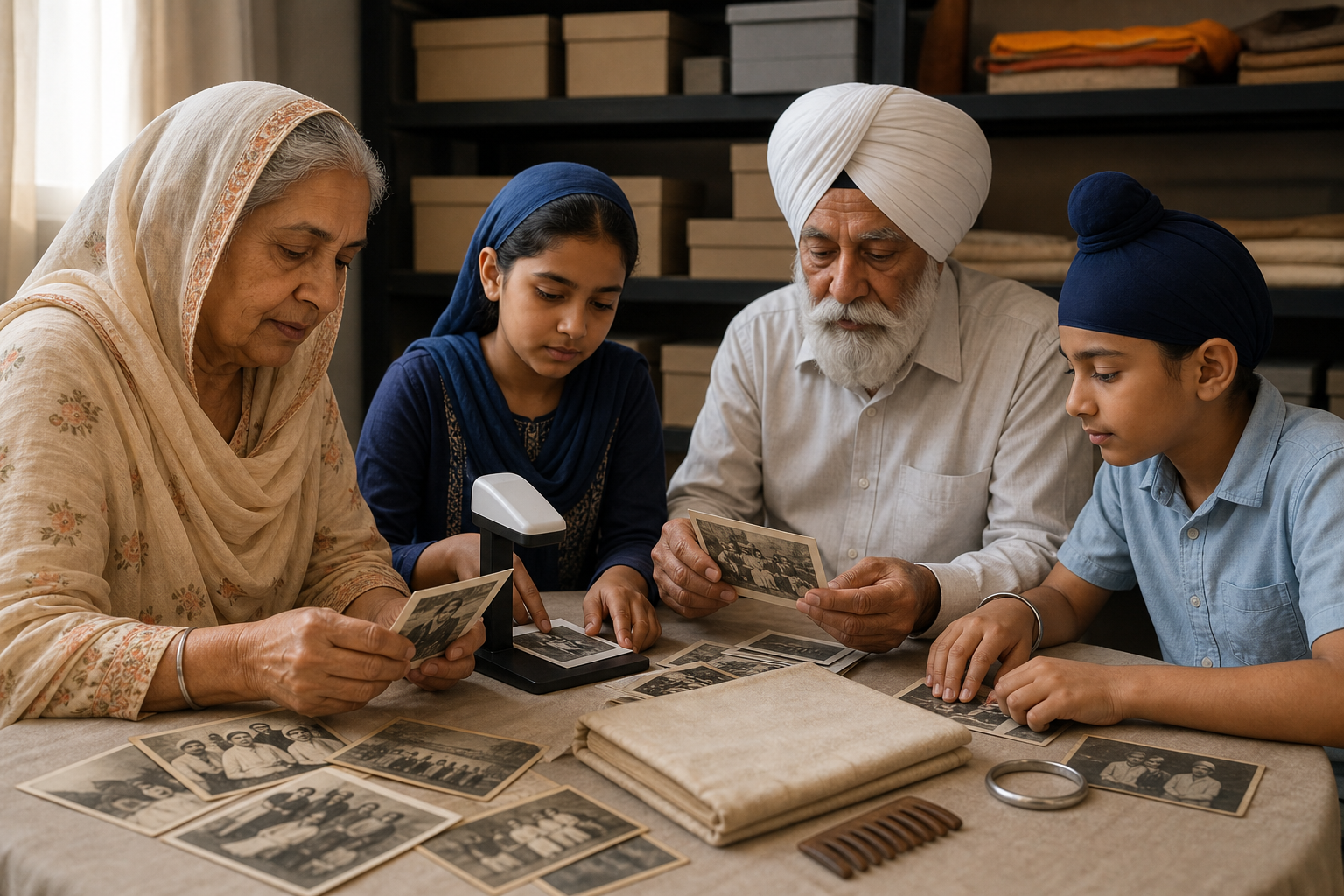 Sikh elders and children preserve old family photographs and community objects together at an archival table.