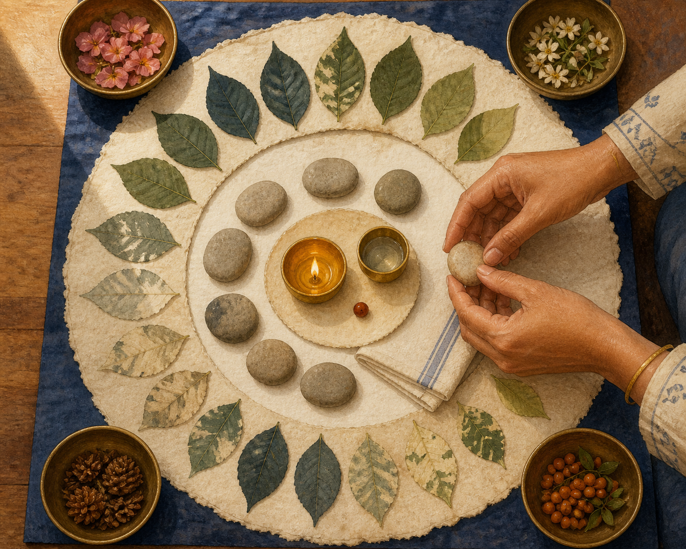 Hands arrange a lamp, cup, beads, pebbles, leaves, and seasonal bowls in four nested circles on a low table.