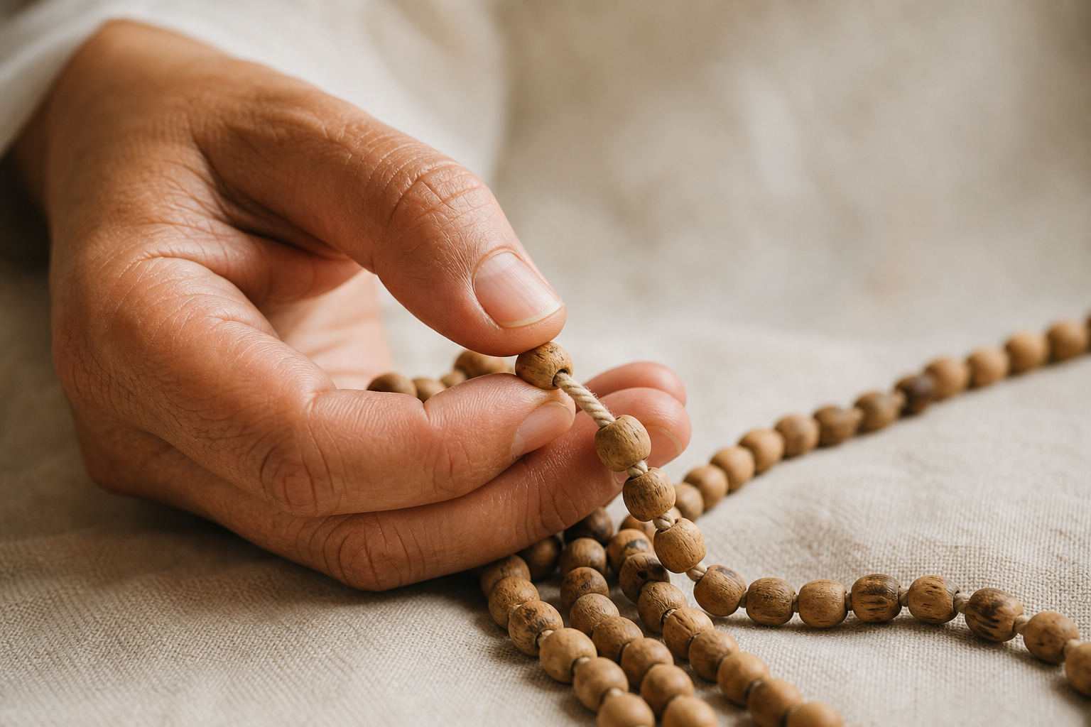 A hand holds one wooden prayer bead in focus while the rest of the japa strand curves softly out of focus.