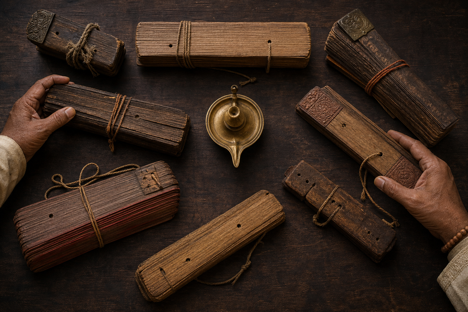Several differently bound palm-leaf manuscript bundles are arranged in branching groups on a wooden table while two hands compare the folios.