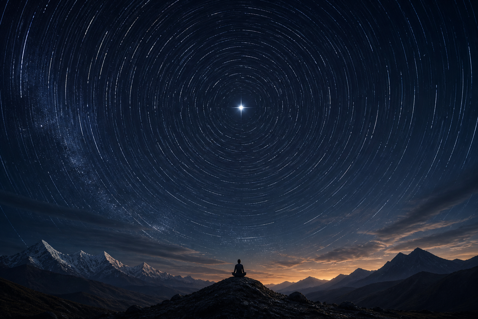A child meditates beneath a northern night sky in which star paths circle around one bright, stationary central star.