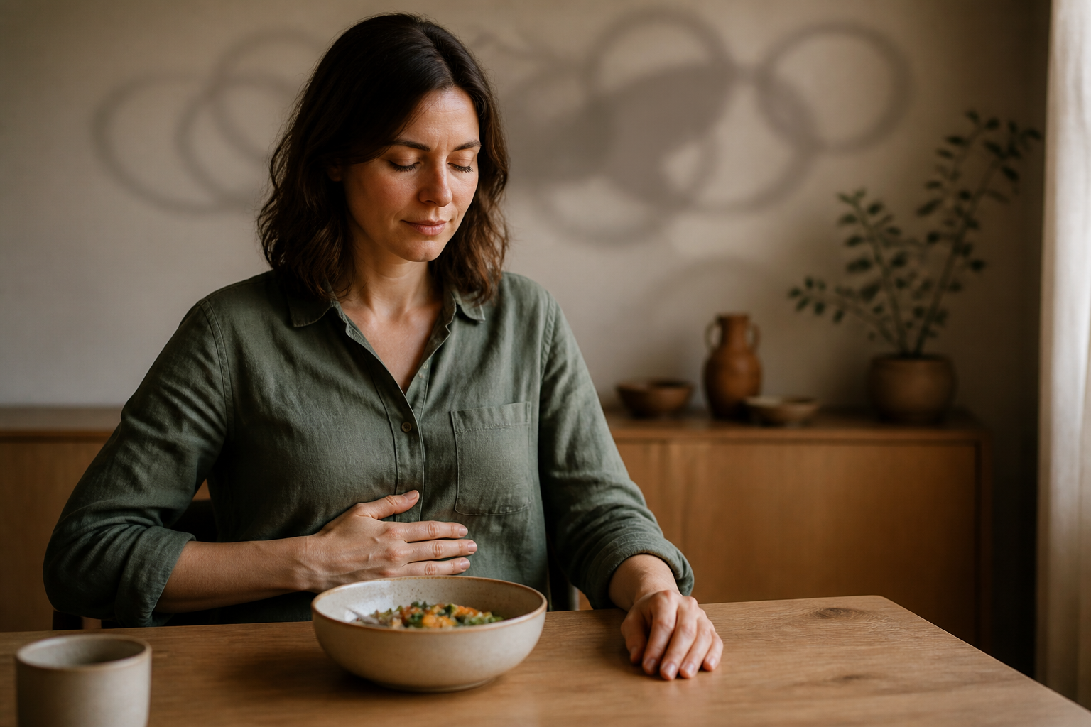 An adult rests a hand on their abdomen and pauses before a bowl of food while soft blurred shapes surround the background near their head.
