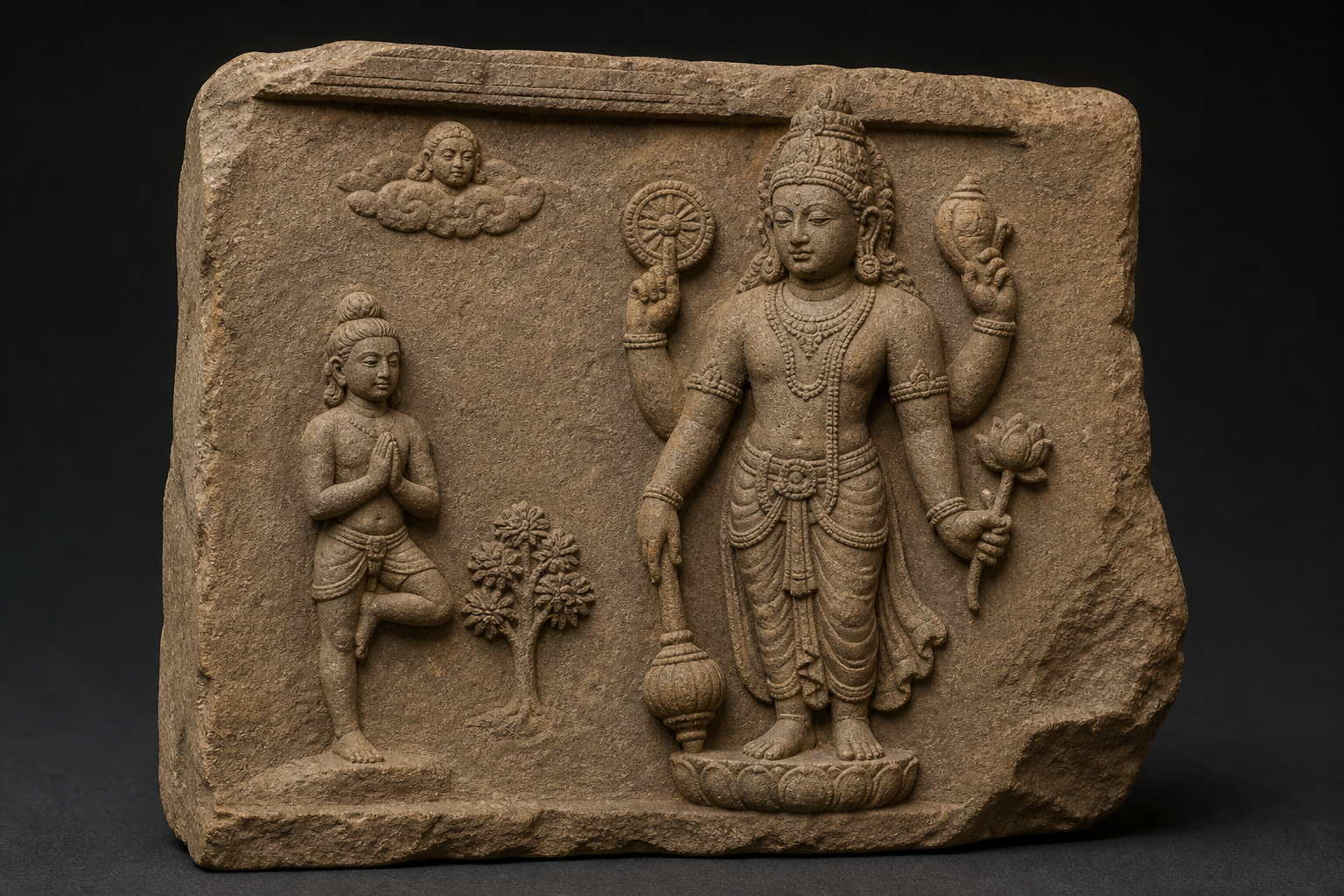 A weathered stone relief shows a small one-legged ascetic beside a larger four-armed Vishnu holding a conch, discus, mace, and lotus.