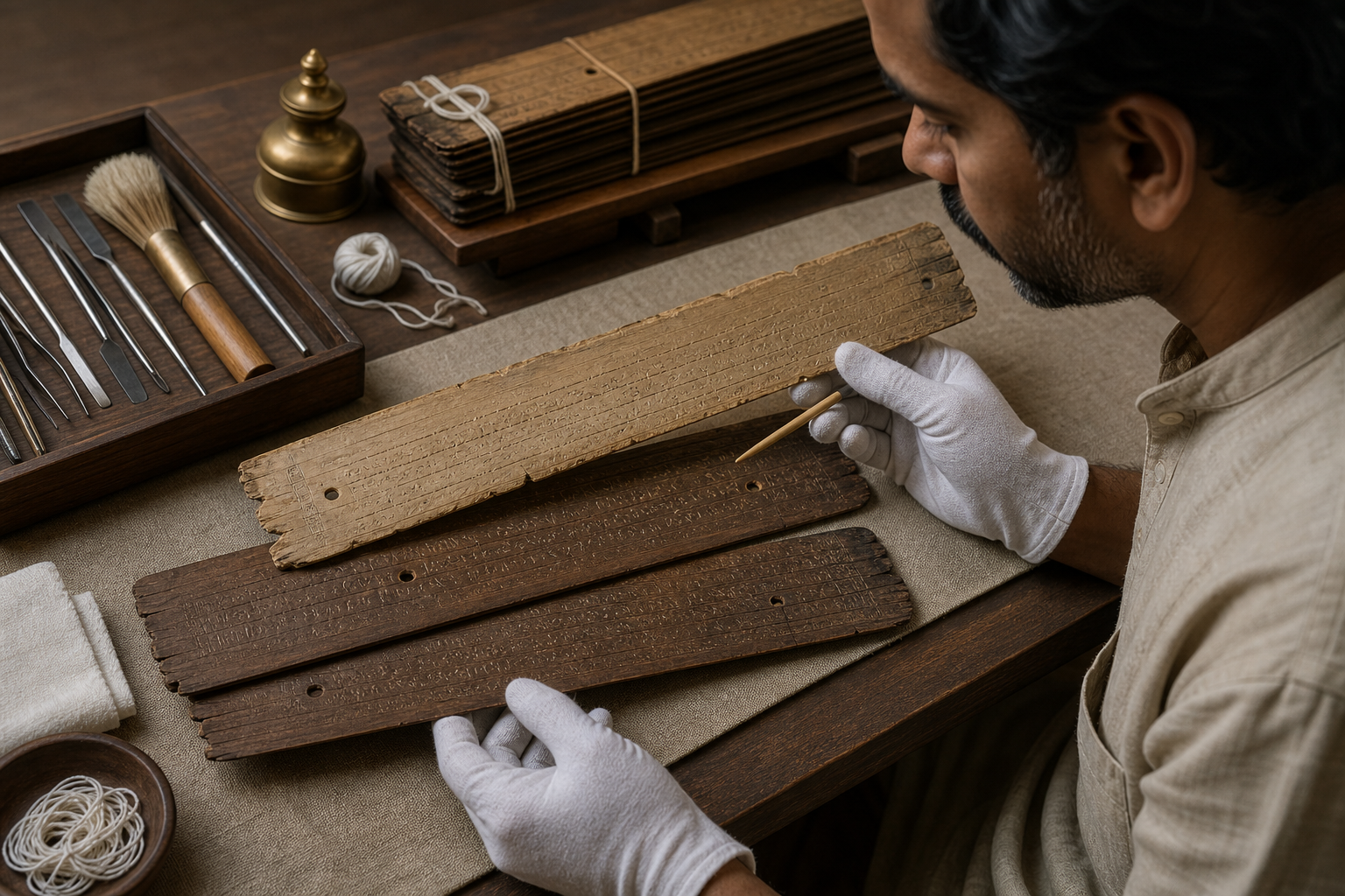 A manuscript specialist compares three palm-leaf folios, including one with different wear and binding-hole alignment, at a conservation table.