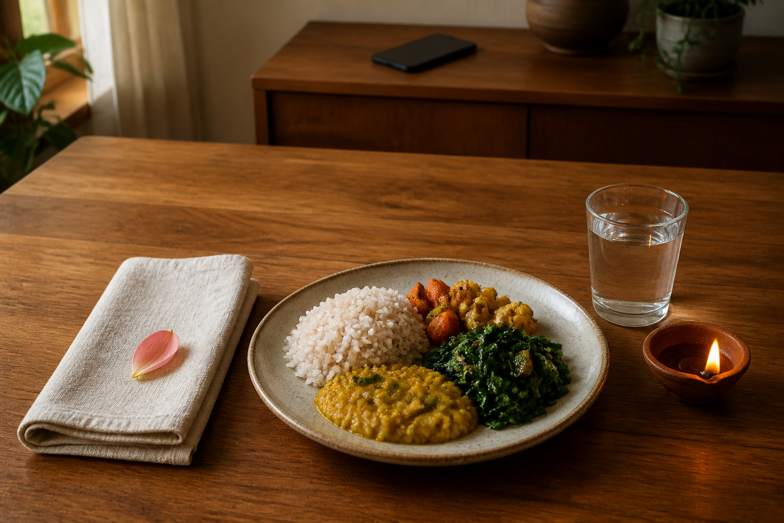A vegetarian meal, water, folded napkin, clay lamp, and flower petal are arranged on a clear table while a phone rests face down in the background.