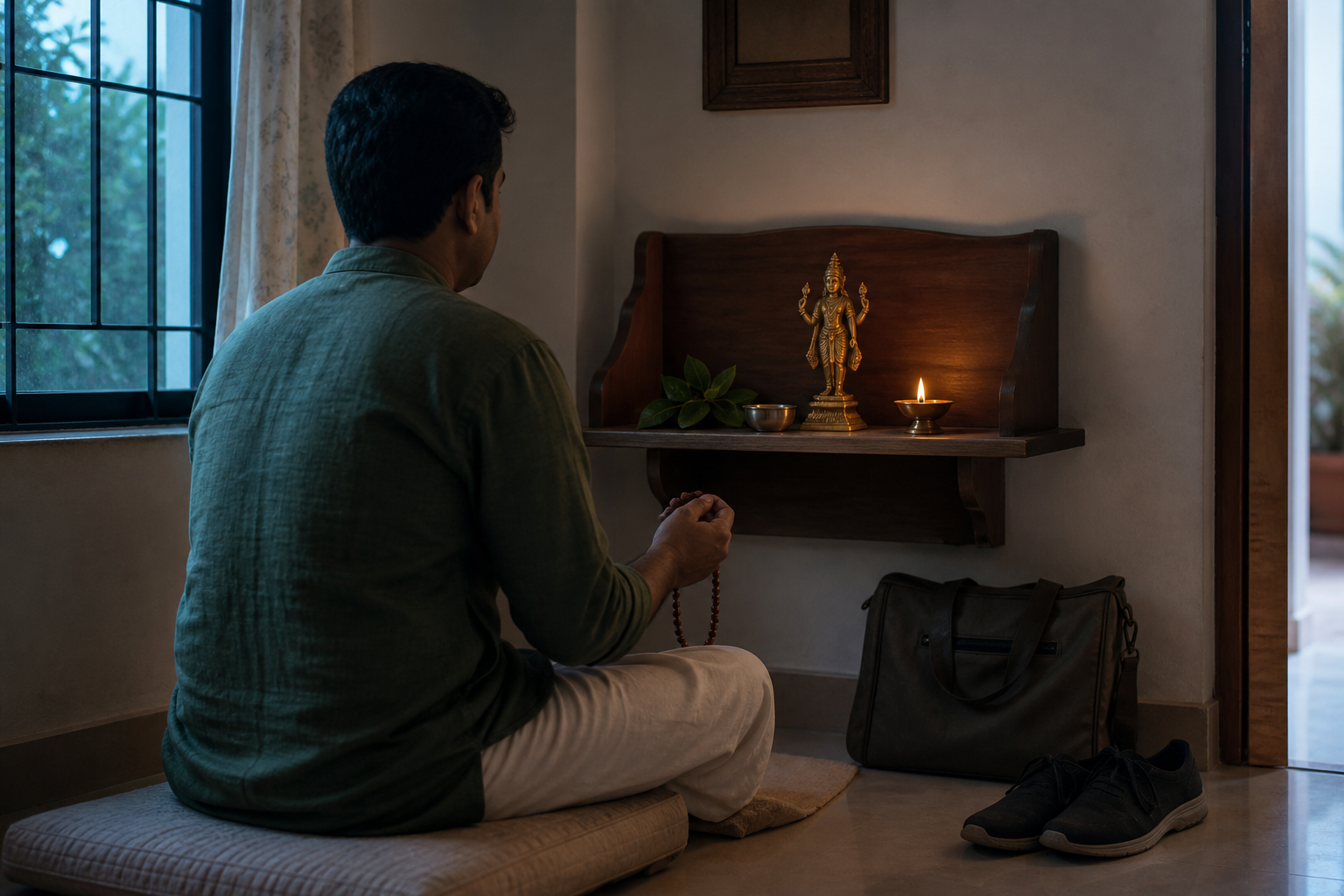 An adult sits with prayer beads before a simple Vishnu shrine at dawn, with a work bag and walking shoes near the doorway.