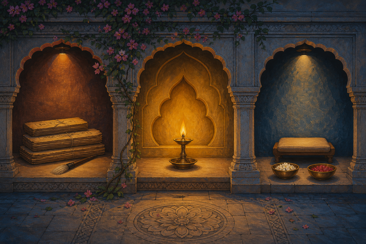 Three courtyard alcoves separately contain palm-leaf manuscripts, a glowing temple lamp, and two balanced bowls of flower petals.