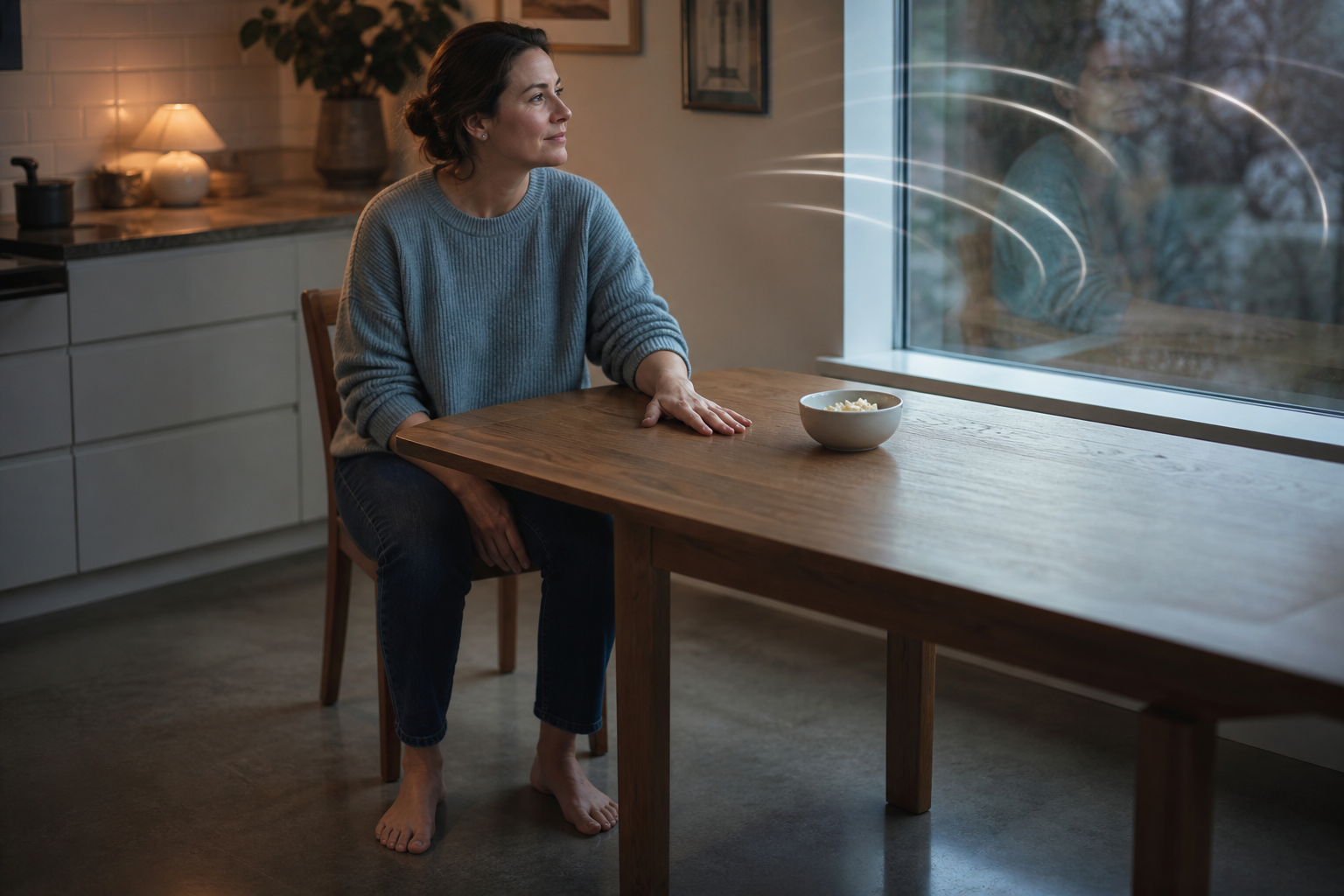 An adult sits calmly by a kitchen window with an open hand on the table and a small bowl of food nearby.
