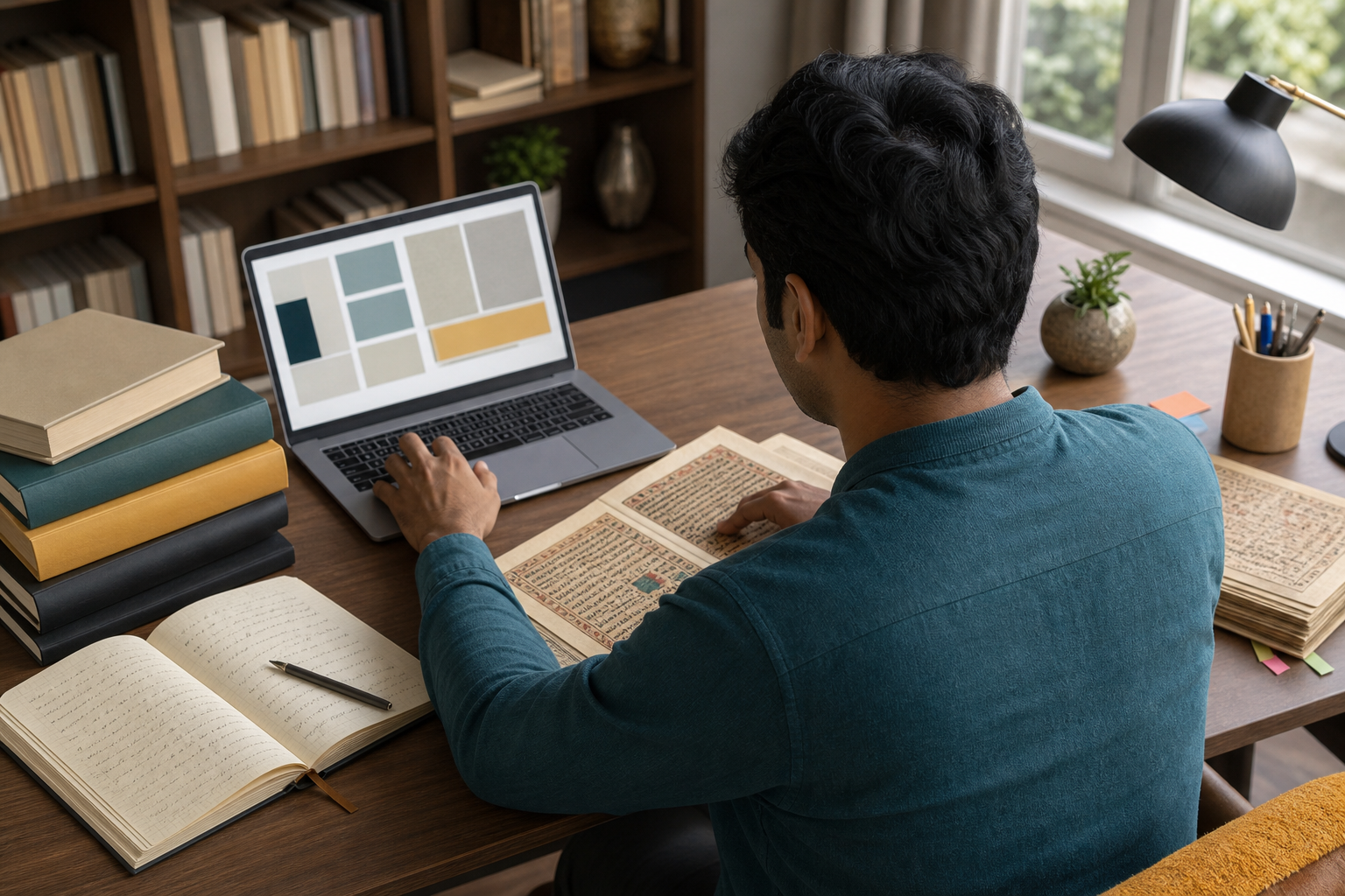 A reader at a desk compares an abstract laptop page with manuscript facsimiles and reference books in a home library.