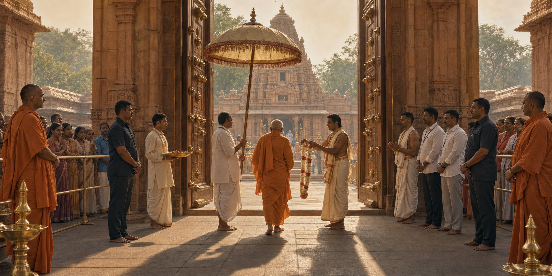 Monastic representatives, temple administrators, and community elders review objects around a low table as one administrator gestures respectfully toward an empty ceremonial seat.