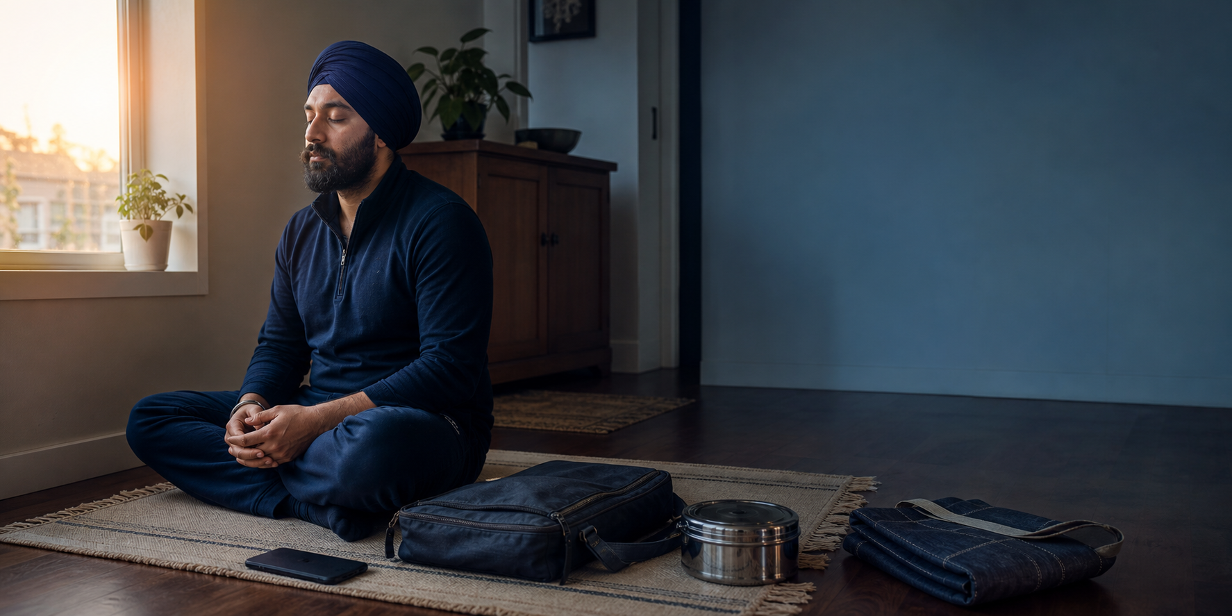 A Sikh adult in a navy turban sits quietly near a sunlit window beside a phone, work bag, lunch container, and grocery bag.