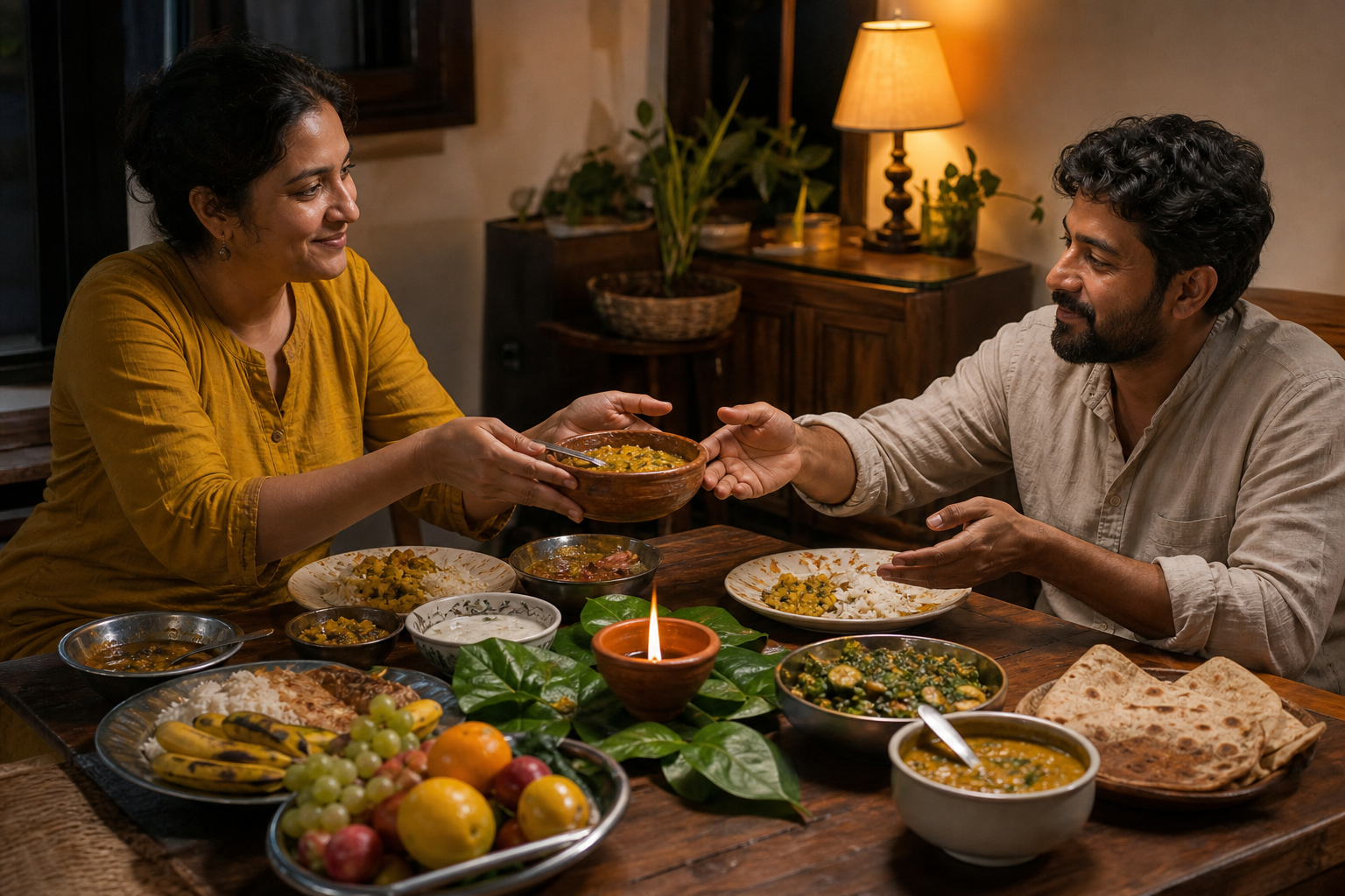 Two adults share lentils, rice, vegetables, flatbread, yogurt, and fruit at a low table with a small clay lamp.