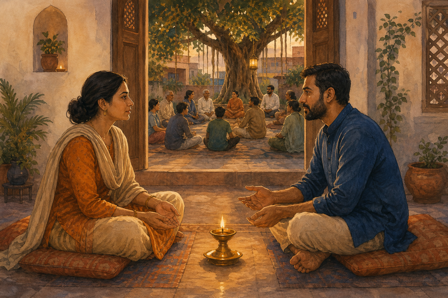 A couple speaks calmly beside a glowing oil lamp in a home courtyard, with an intergenerational community circle gathered beneath a banyan tree beyond them.