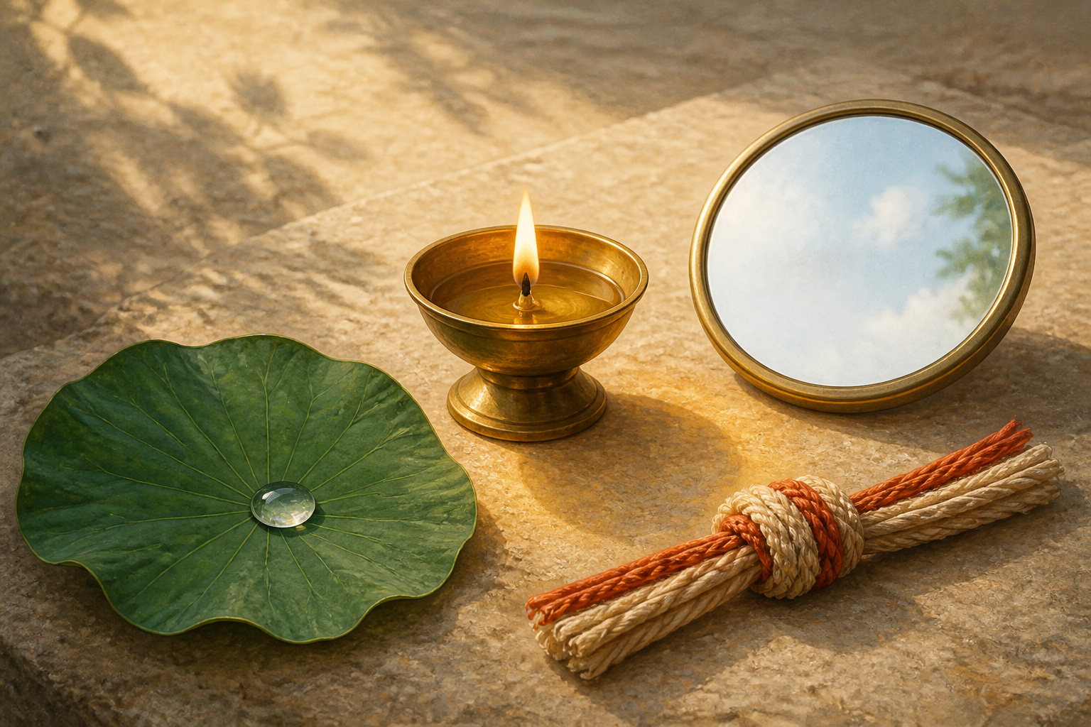 A lotus leaf with a water drop, a clear mirror, and a knotted woven thread surround a small glowing oil lamp on a stone surface.