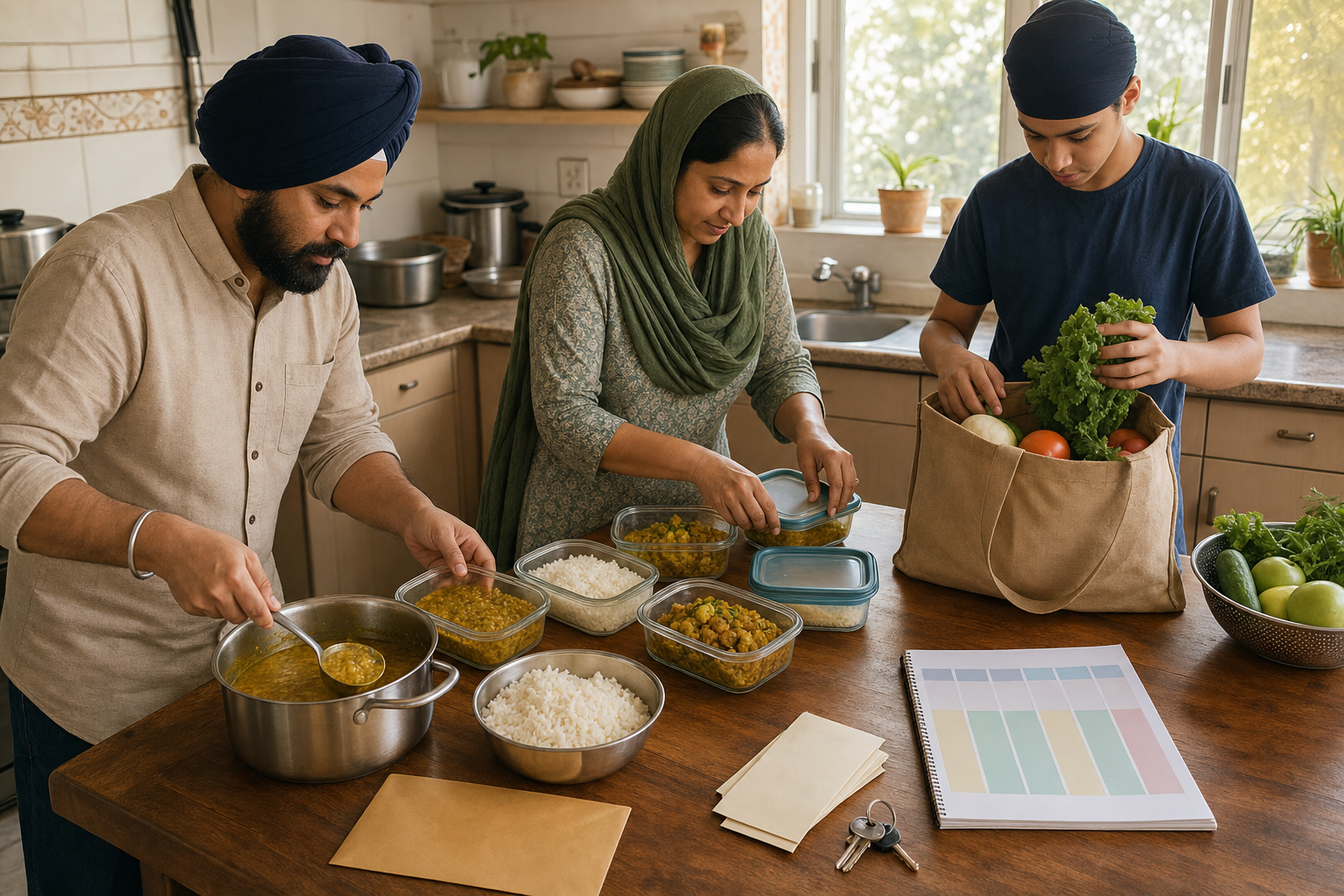A Sikh family prepares vegetarian food and packs extra portions beside groceries, household items, and a weekly planner.
