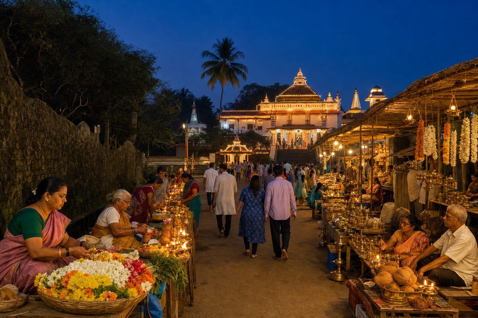 Vendors selling flowers, coconuts, devotional items, food, and household goods beside a warmly lit Goan temple during an evening jatrotsav.