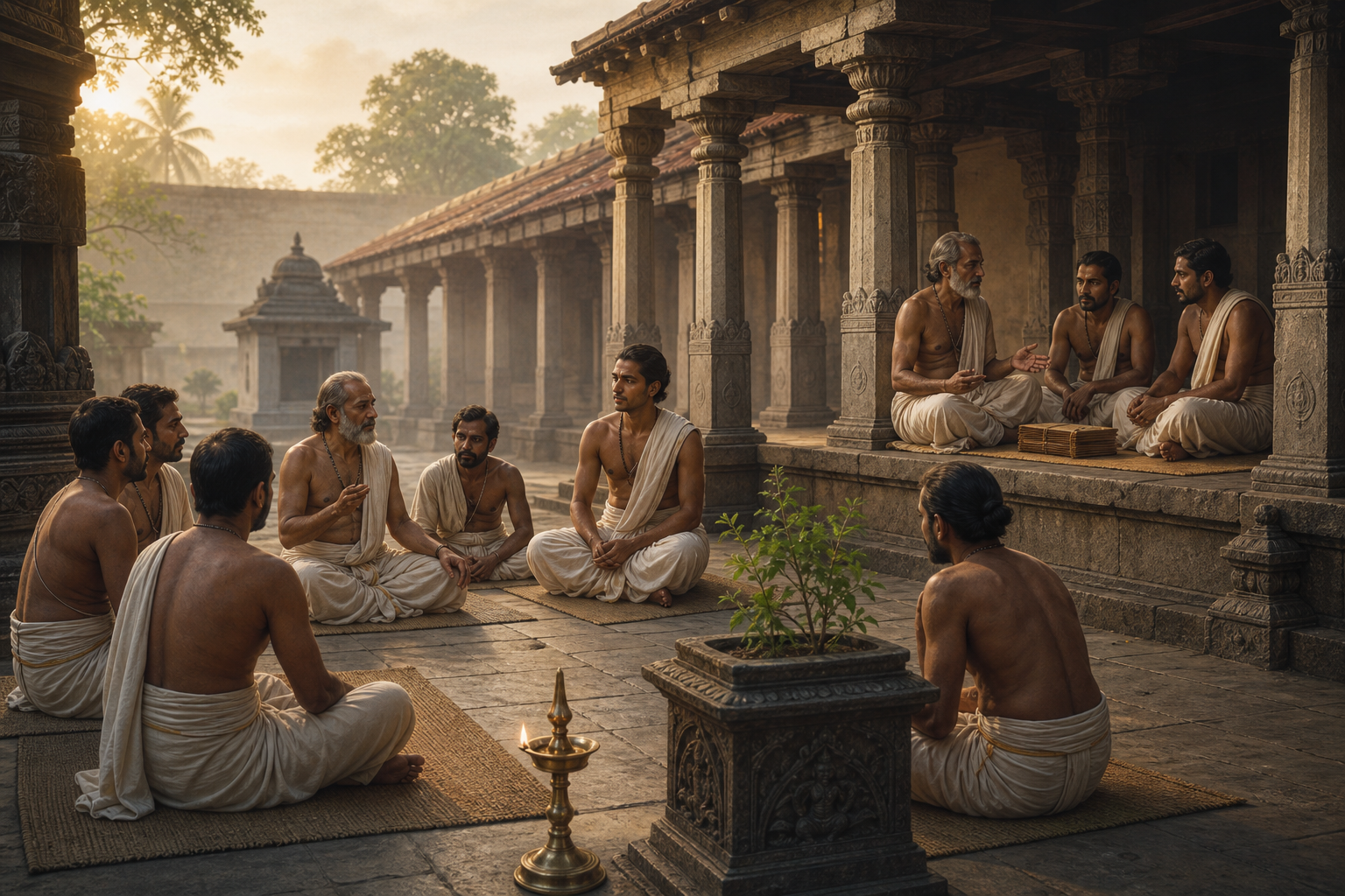 Teachers and adult students practice oral recitation and philosophical discussion in a quiet temple-school courtyard at dawn.