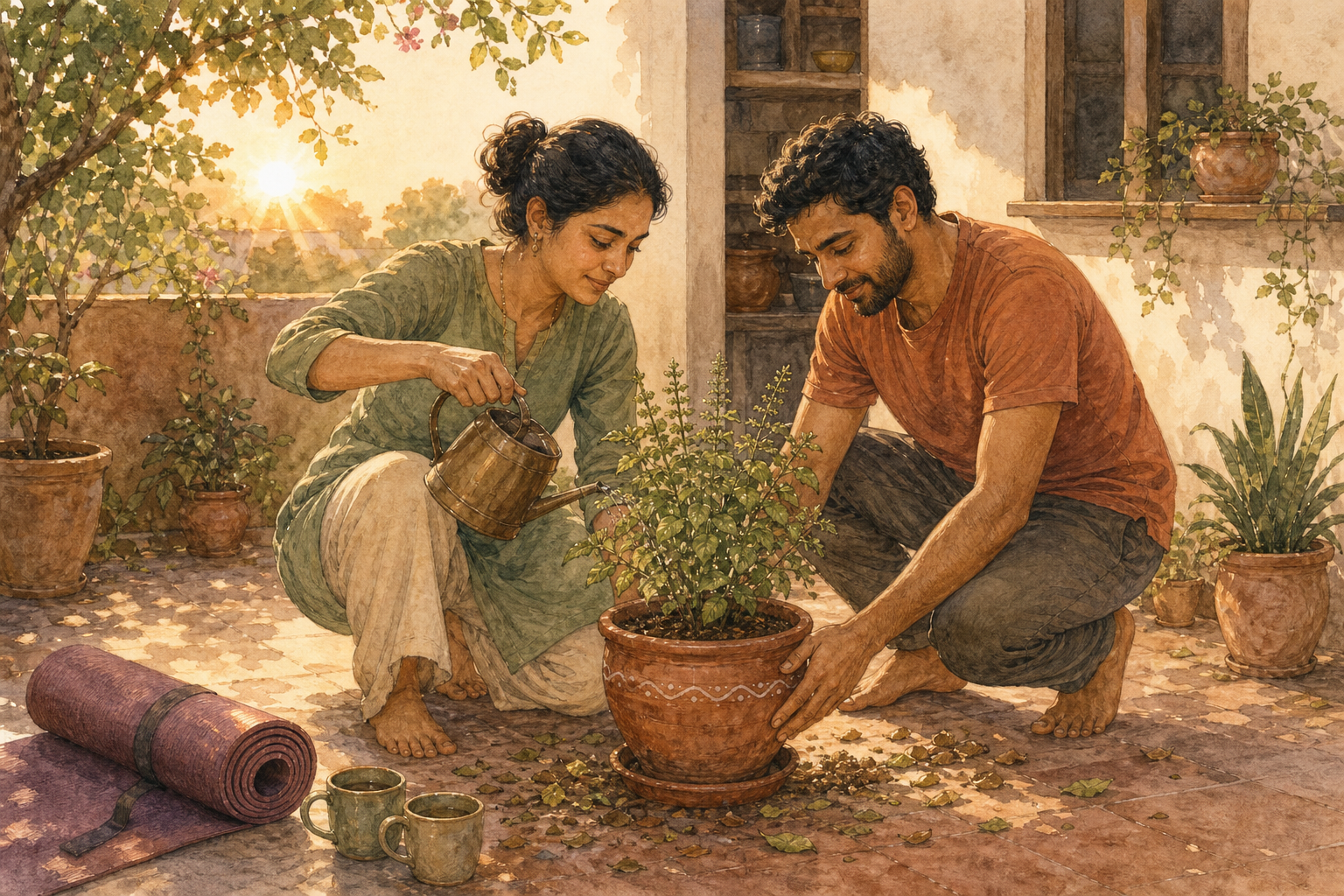 Two spouses care for a young tulsi plant together in a sunlit home courtyard at dawn.