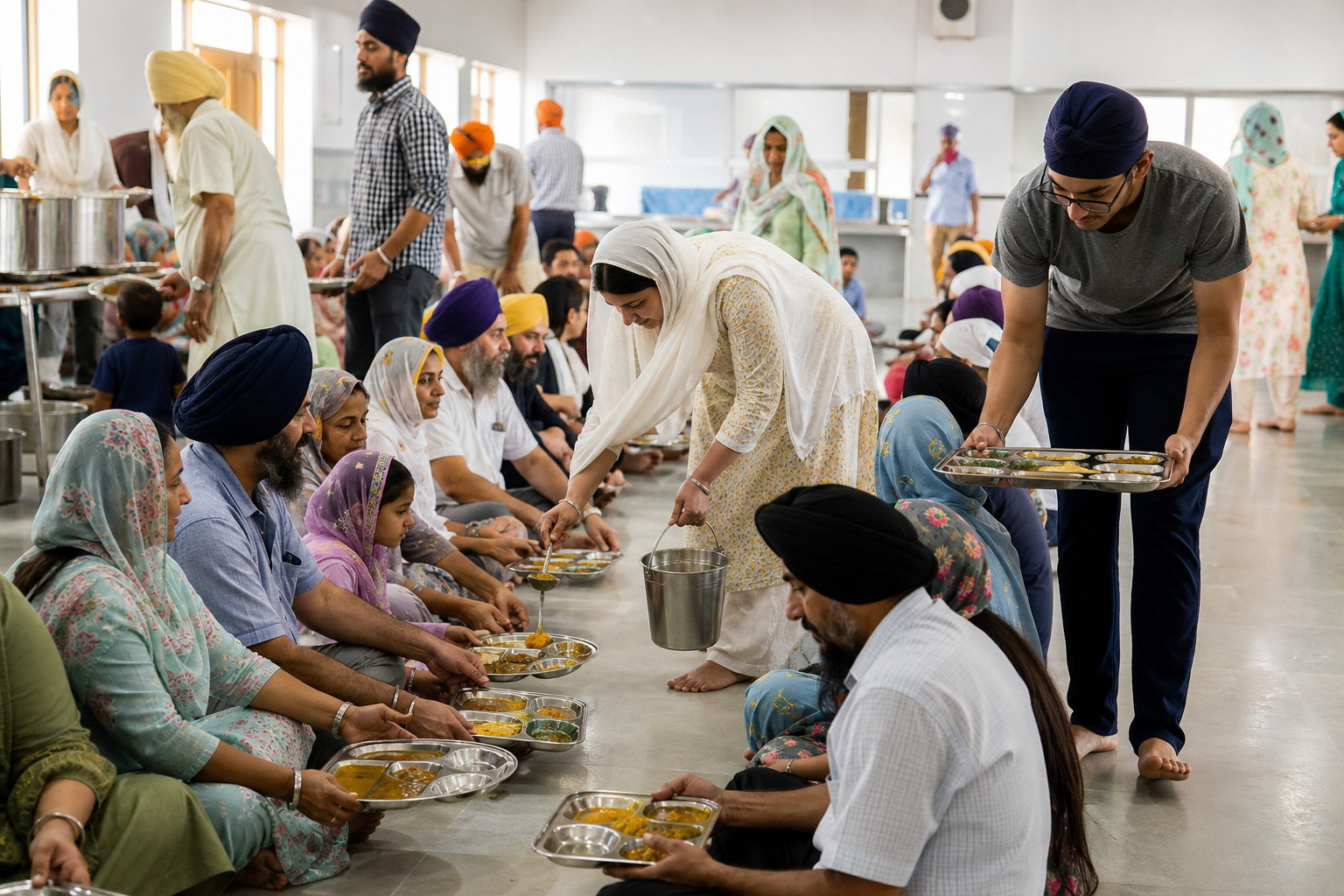Volunteers with covered heads serve a vegetarian langar meal to people seated together in rows inside a gurdwara hall.