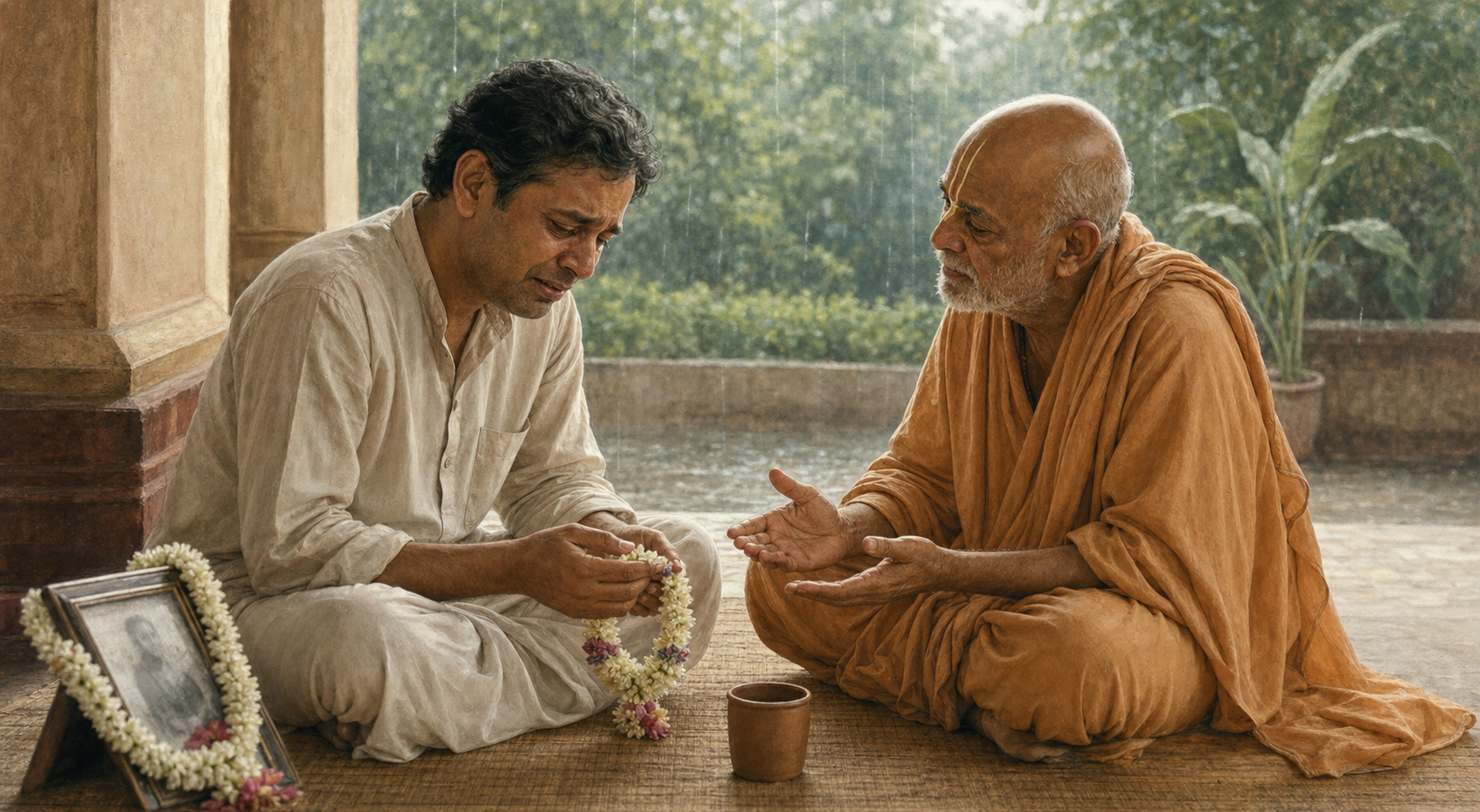 A spiritual caregiver kneels beside a distressed traveler, offering water and listening while work tools remain unused nearby.