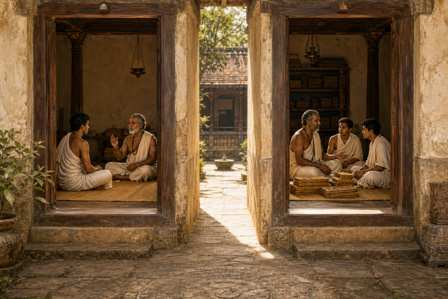 Two adjoining doorways reveal one lesson in oral recitation and another in philosophical discussion, connected by a sunlit passage.