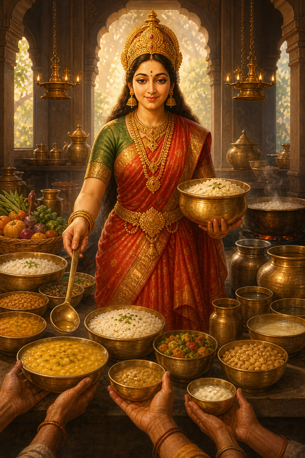 Goddess Annapurna holds a brass bowl of food and a serving ladle in a warmly lit temple kitchen as hands receive bowls below.
