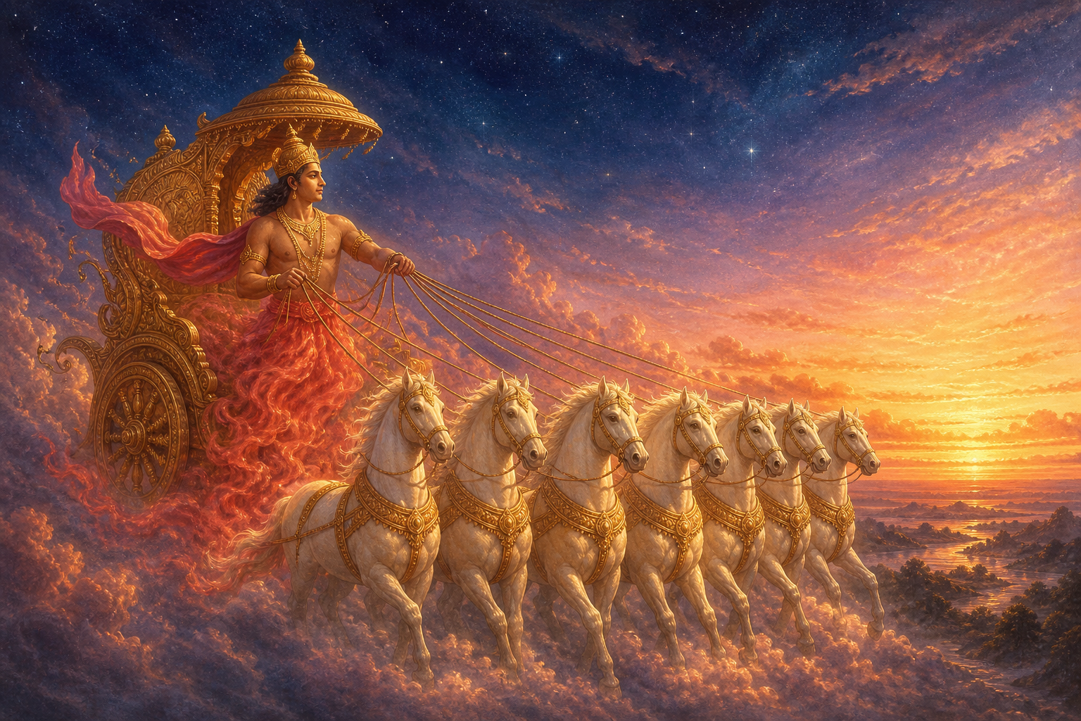 Aruna holds the reins of seven white horses on a golden chariot as rose and saffron dawn light spreads across the sky before sunrise.