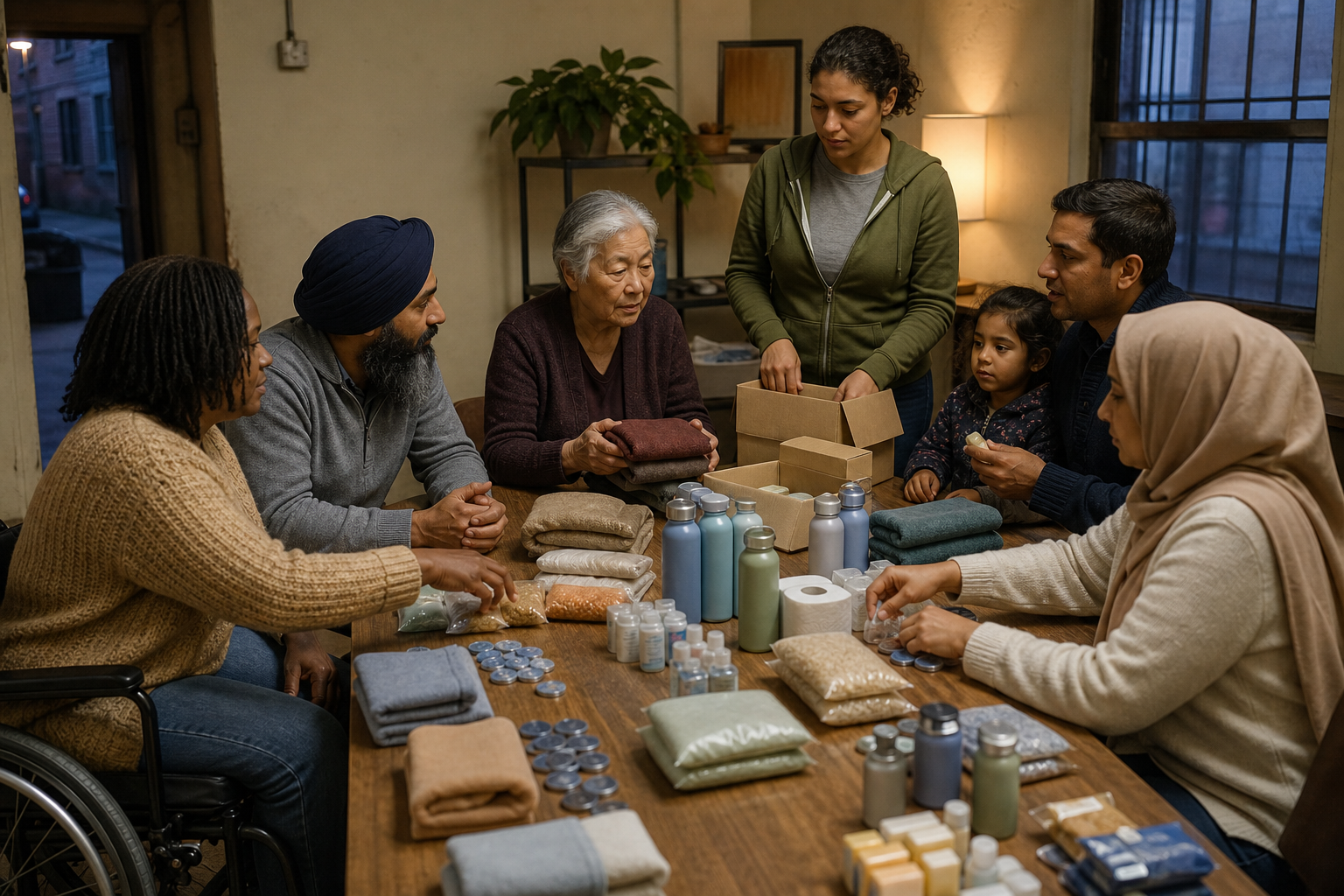 A diverse community group, including a Sikh facilitator, organizes food and basic supplies into equal sets around a table.