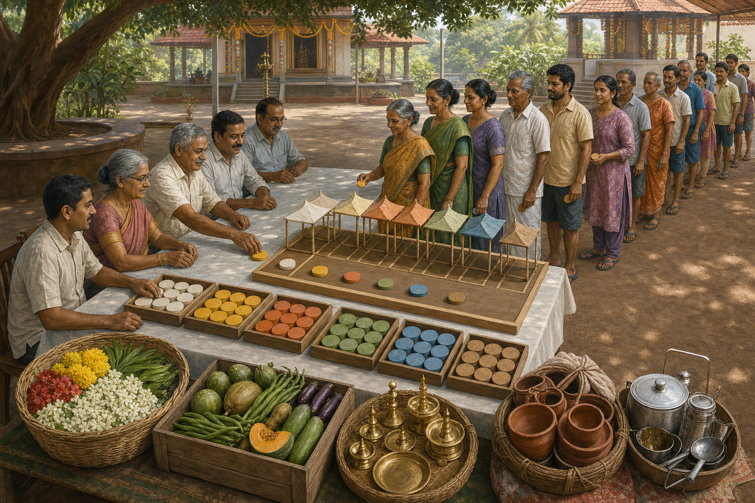 A community committee distributes colored stall tokens to vendors waiting in an orderly line beside a miniature fair layout.