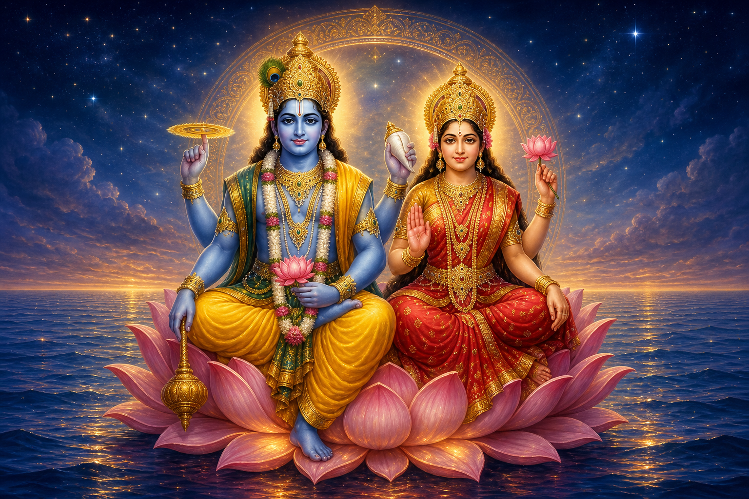 Vishnu and Lakshmi appear together on a luminous lotus above a calm cosmic ocean, surrounded by golden halos and an indigo sky.