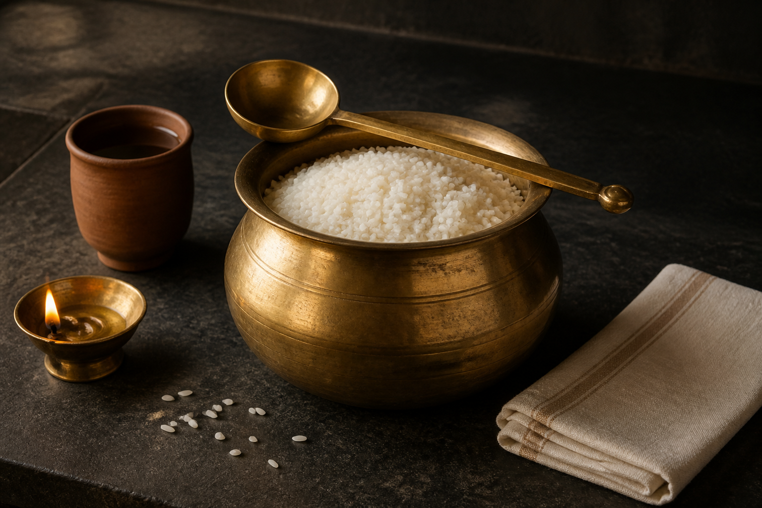 A brass ladle rests across a pot of cooked rice beside an oil lamp, a clay cup, loose grains, and a folded cloth.