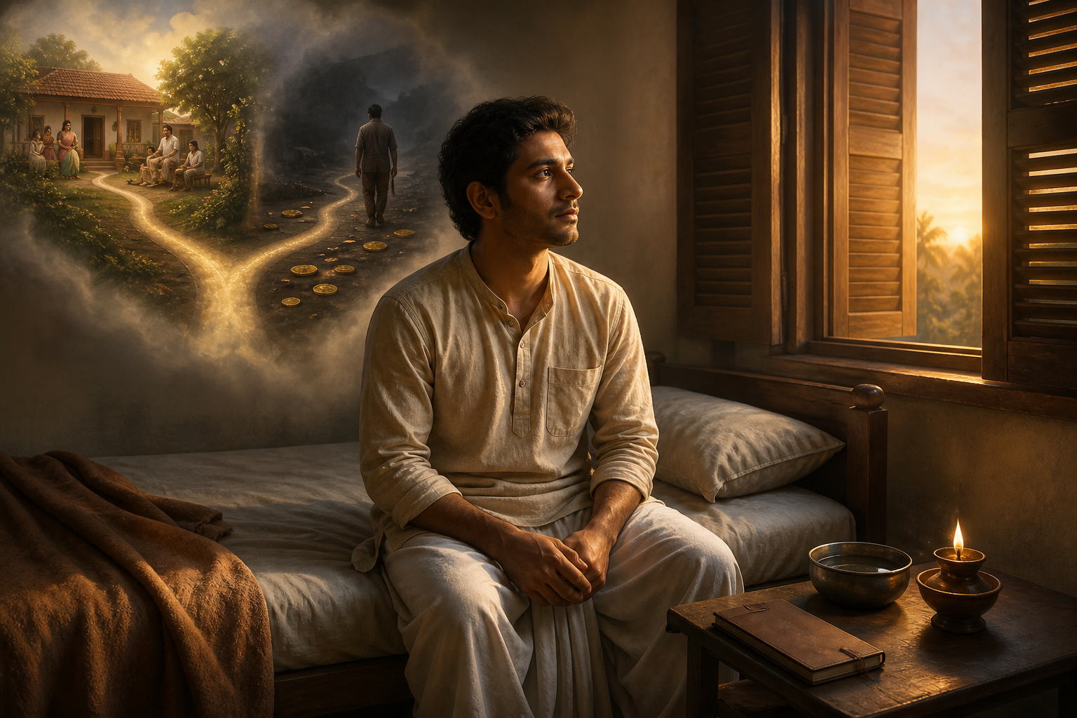 A person sits thoughtfully beside a bed at dawn while a fading dream vision shows two contrasting paths, one toward a peaceful courtyard and one strewn with coins.