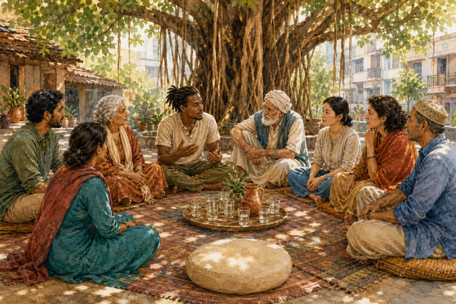 An intergenerational group sits in an open circle beneath a banyan tree while one person speaks and the others listen attentively.