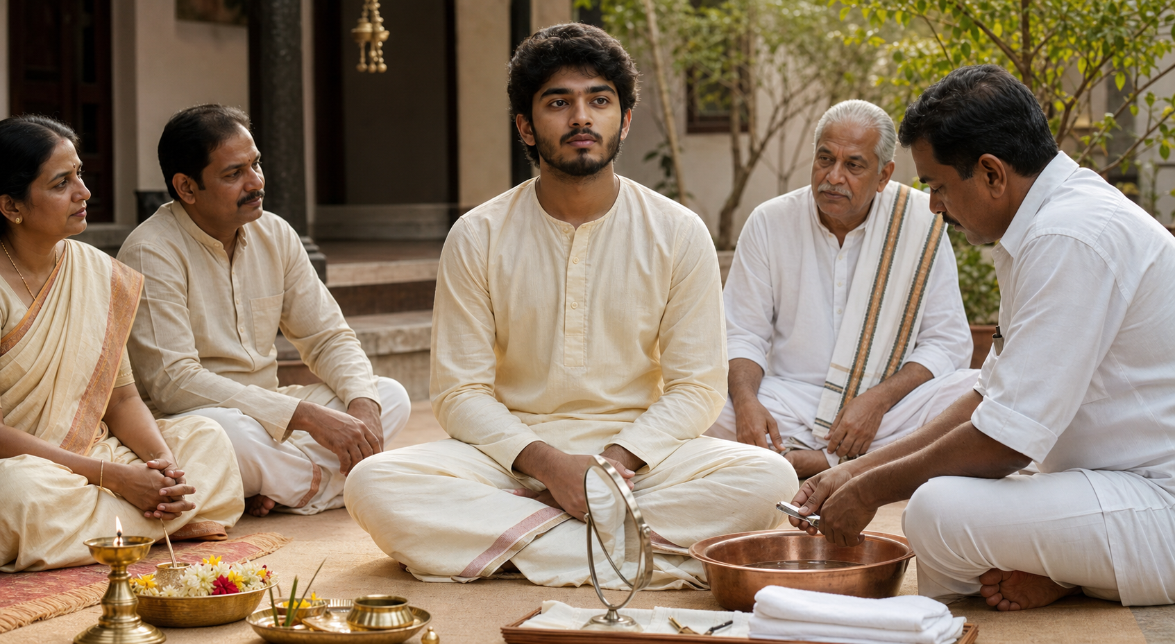 A young Hindu man with his first facial hair sits with family and a ritual elder while clean shaving tools and a small ceremonial tray are prepared in a courtyard.